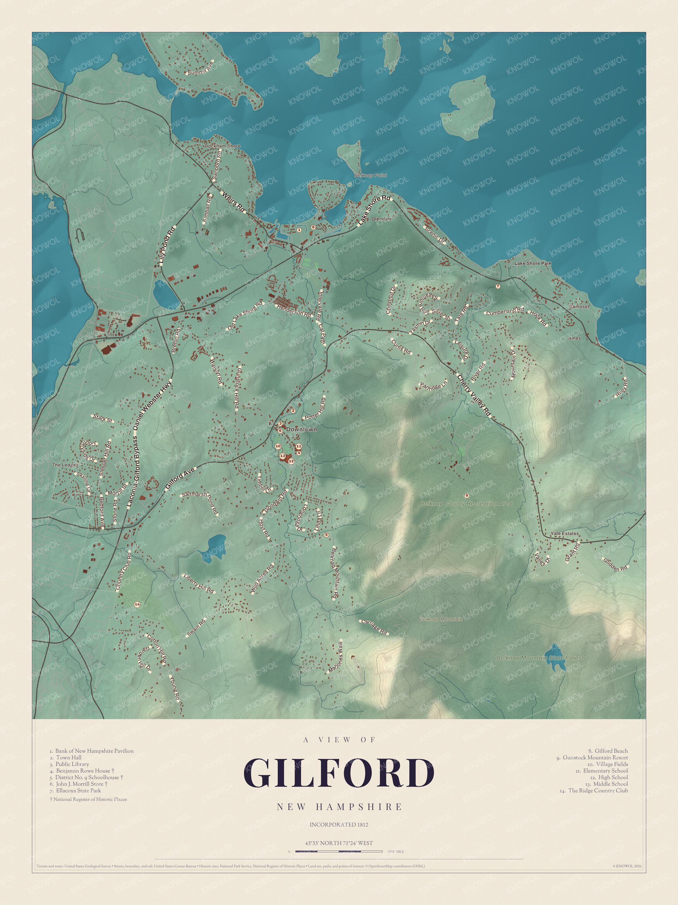 Map of Gilford, New Hampshire, with Lake Winnipesaukee, Gunstock Mountain Resort and Ellacoya State Park