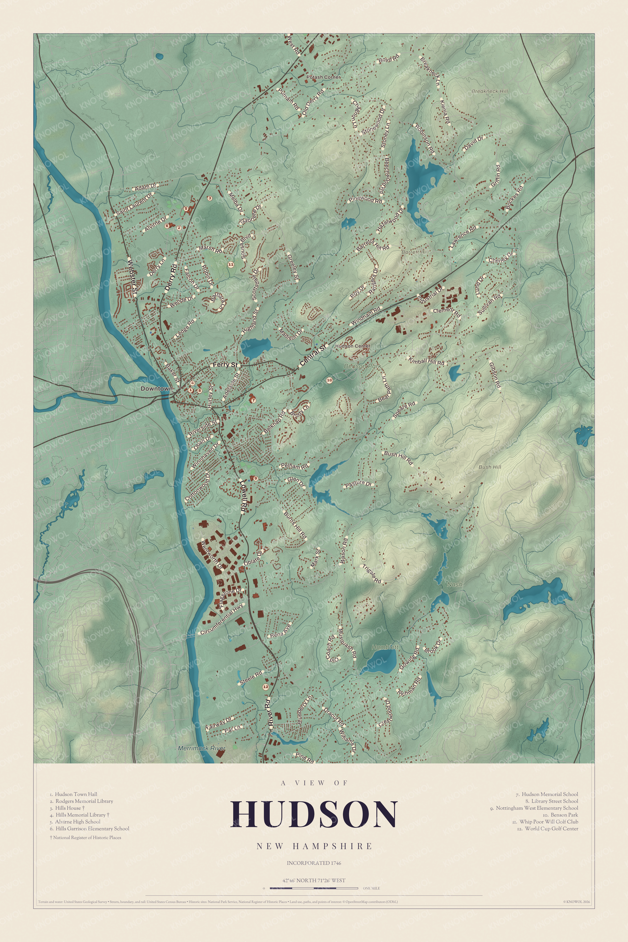 Map of Hudson, New Hampshire, with the Merrimack River, Hudson Center and Benson Park