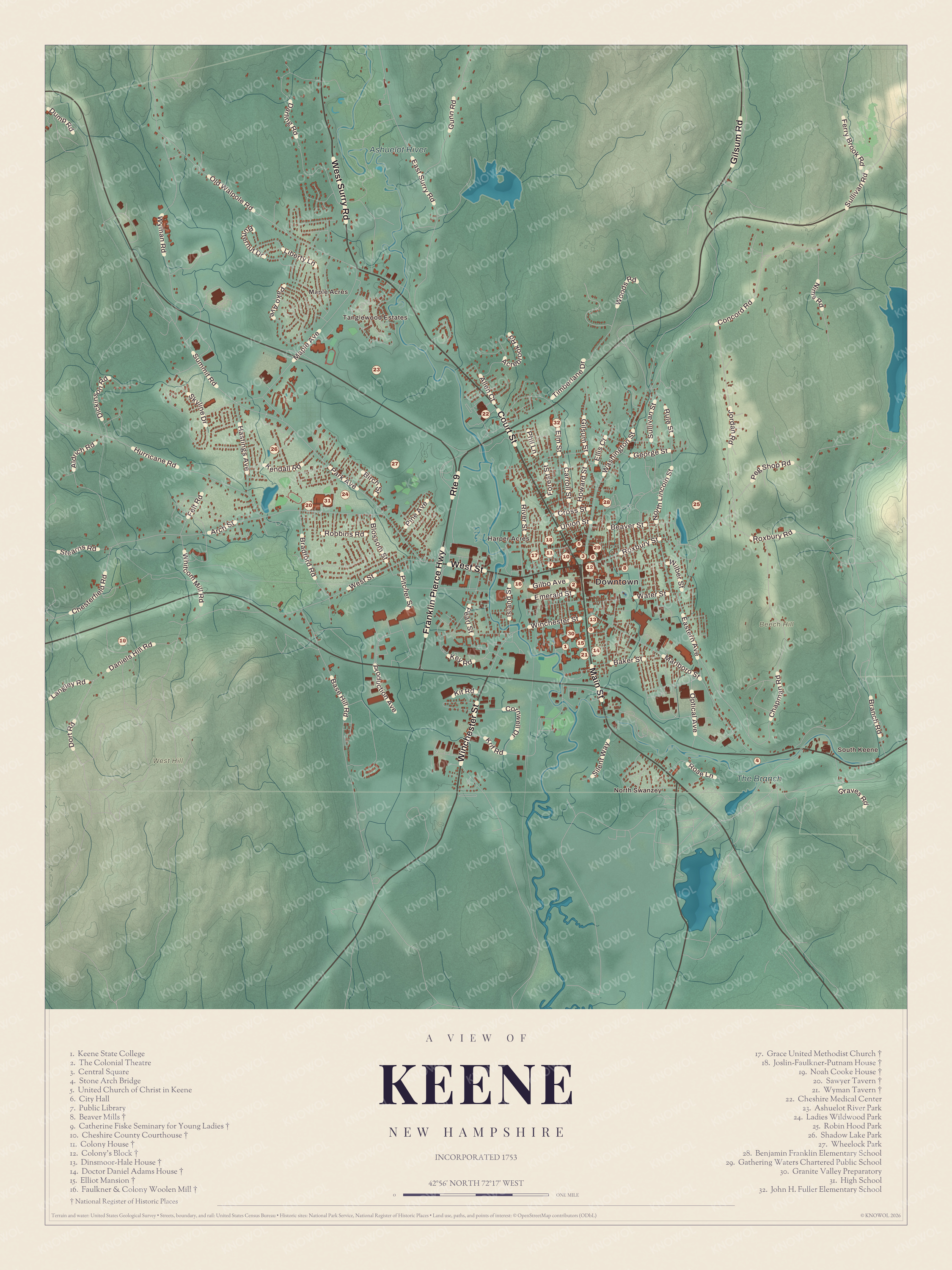 Watermarked full-map preview of Keene, New Hampshire