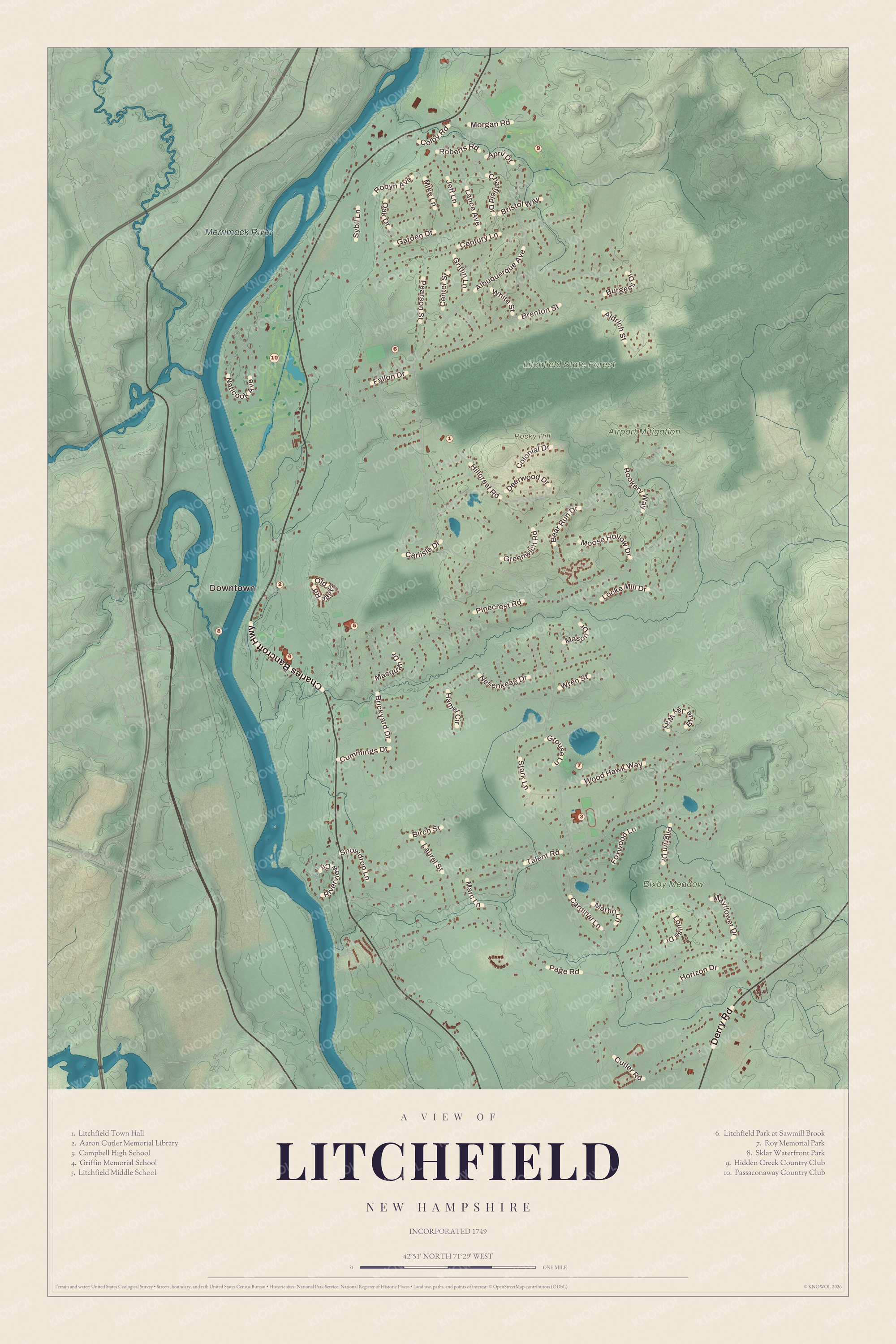 Map of Litchfield, New Hampshire, with the Merrimack River, Rocky Hill and Route 3A