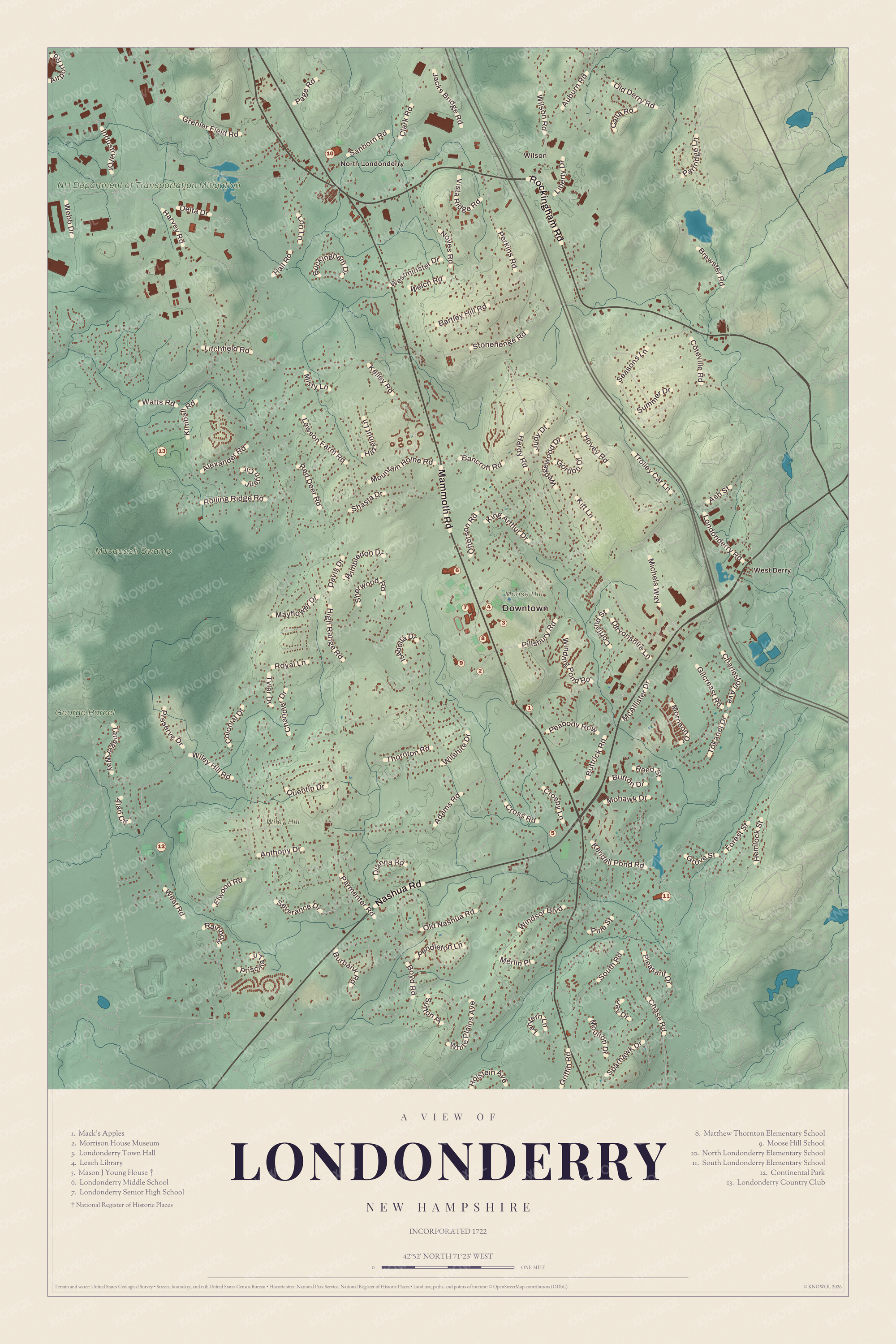 Map of Londonderry, New Hampshire, with Mammoth Road, Moose Hill and North Londonderry