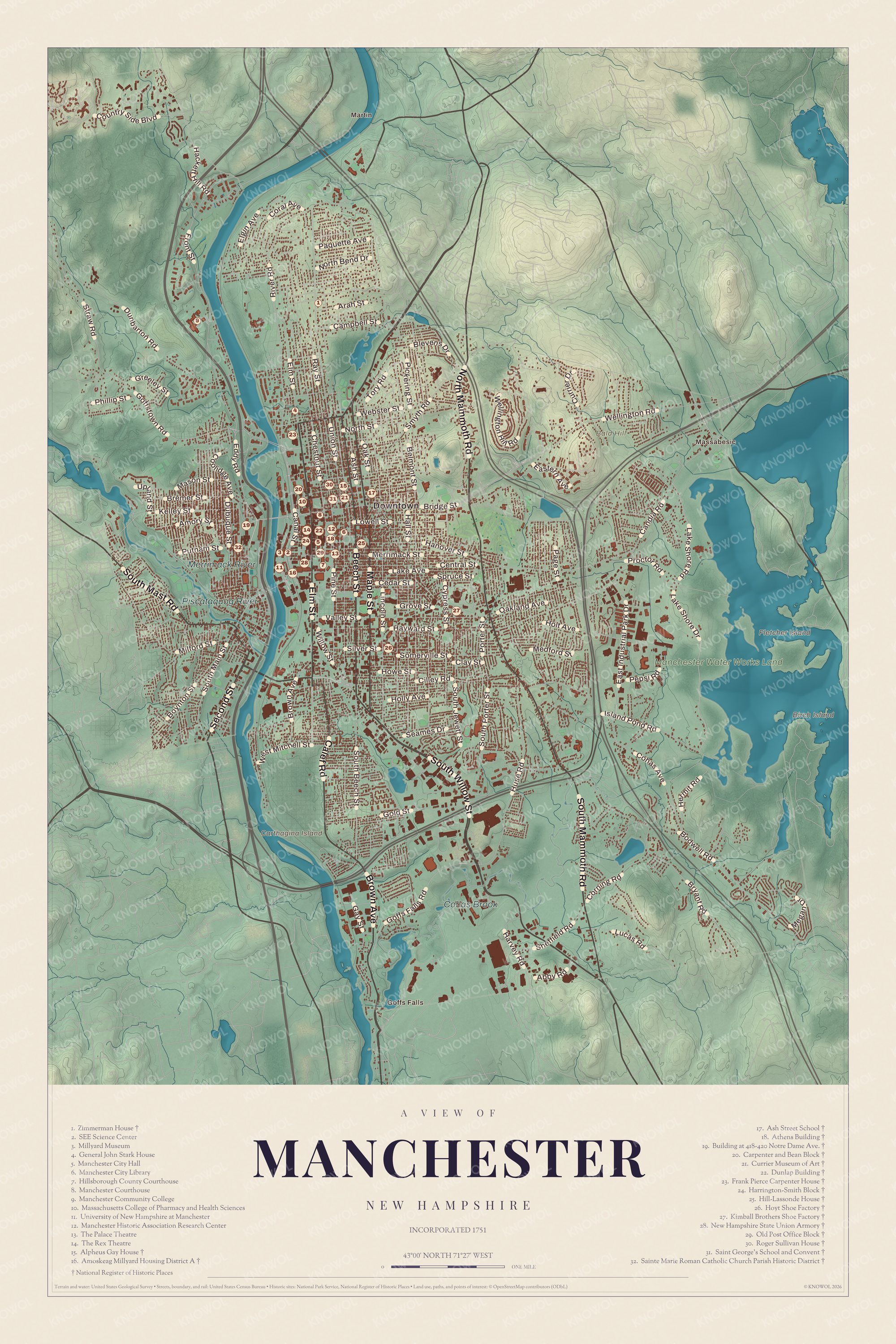 Map of Manchester, New Hampshire, with the Merrimack River, the Millyard and Lake Massabesic