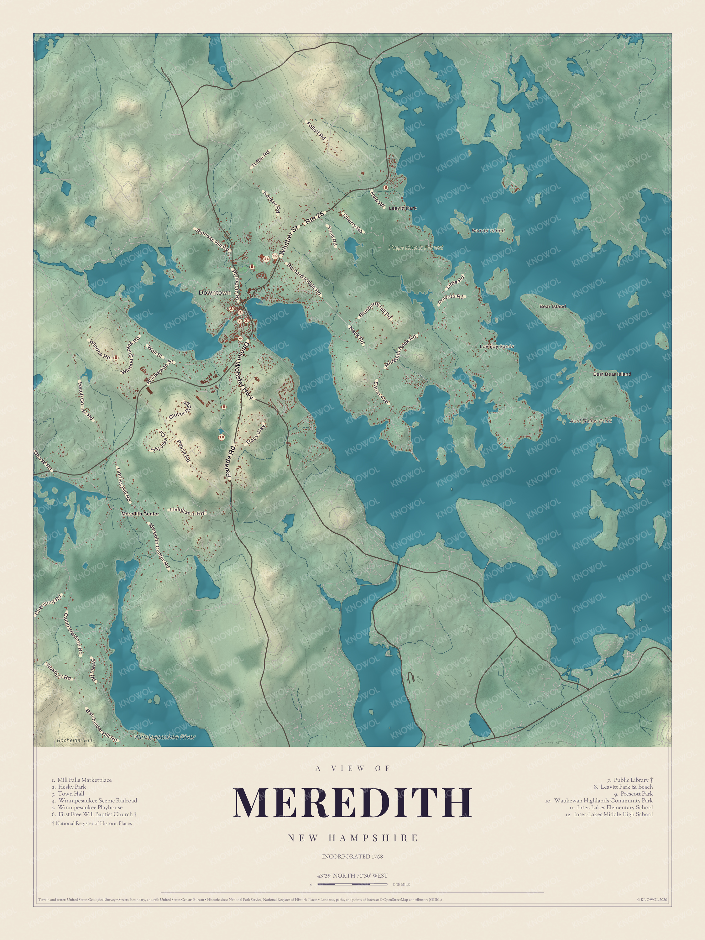 Watermarked full-map preview of Meredith, New Hampshire