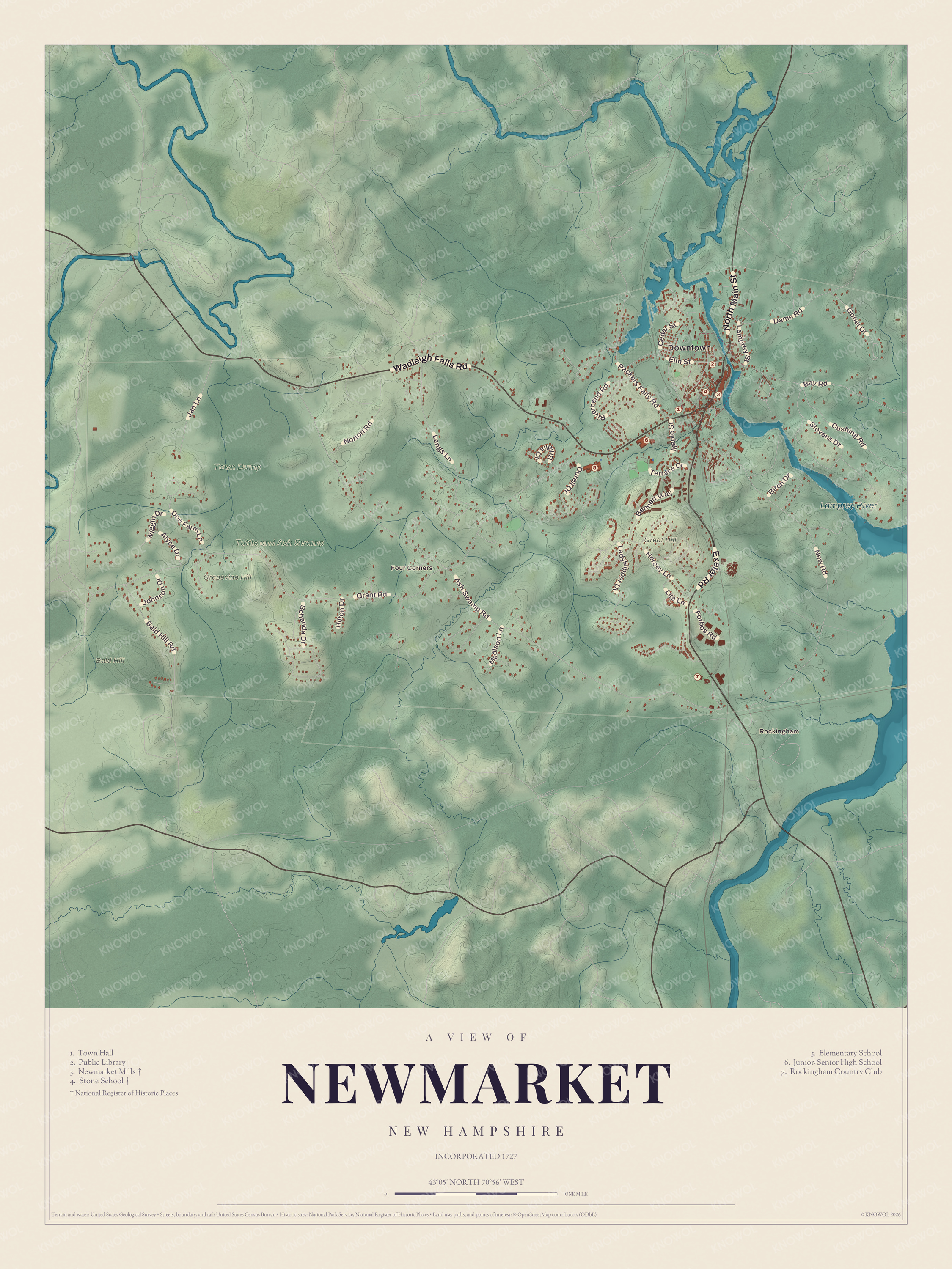 Map of Newmarket, New Hampshire, with the Lamprey River, Great Bay, Bald Hill and Grapevine Hill