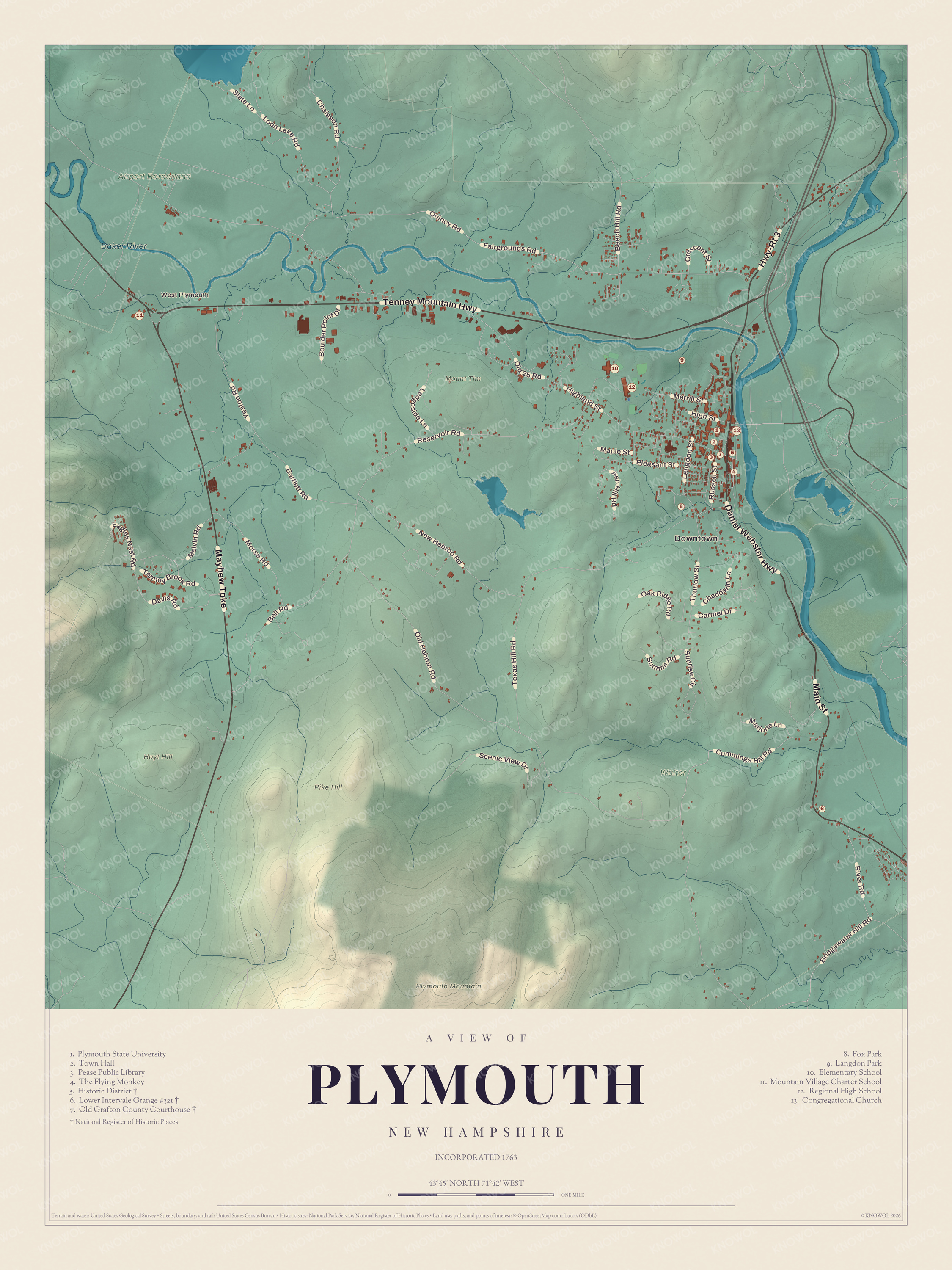 Map of Plymouth, New Hampshire, with Hoyt Hill, Pike Hill and the town center