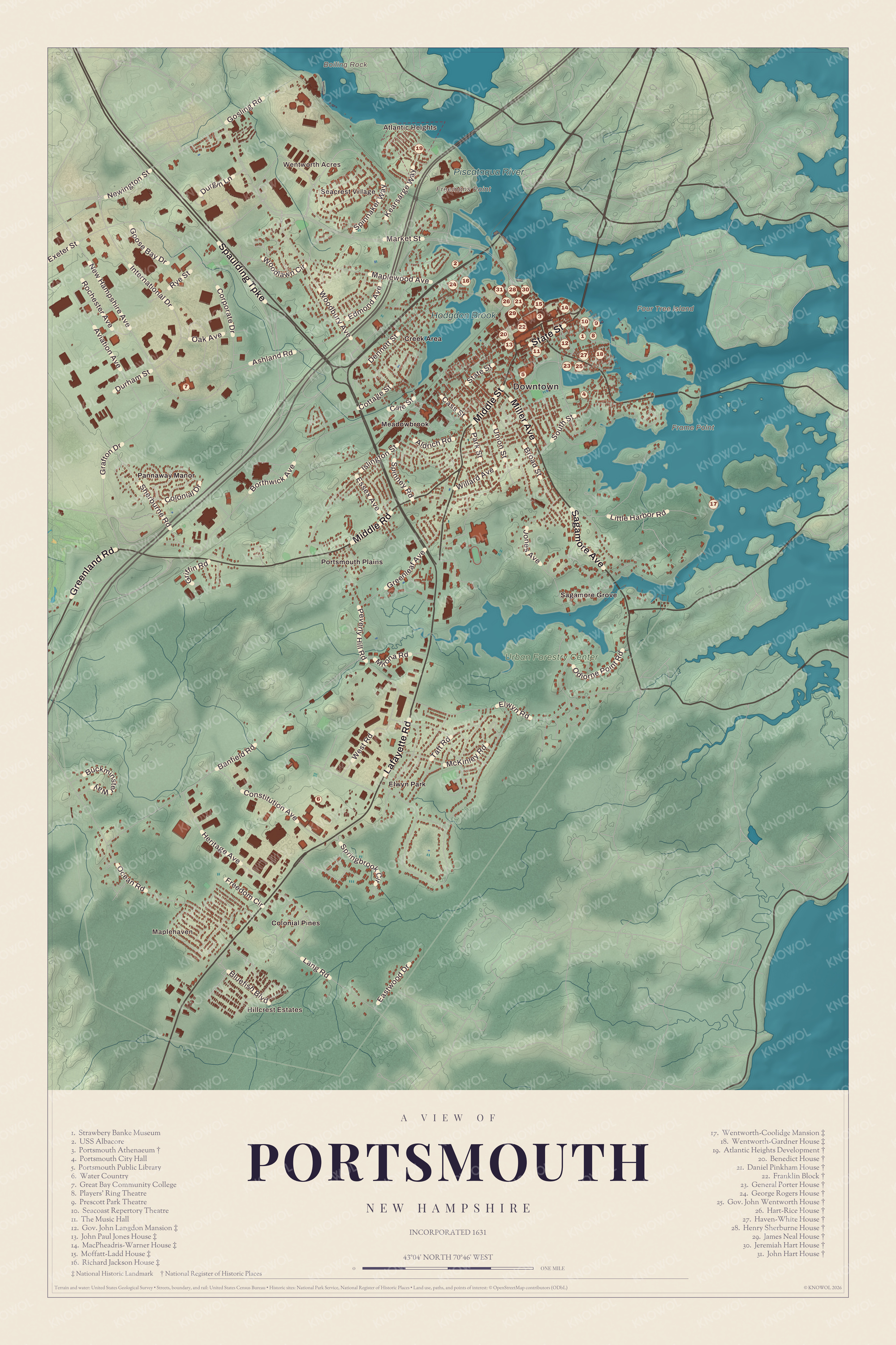 Map of Portsmouth, New Hampshire, with the Piscataqua River, Hodgdon Brook and Atlantic Heights