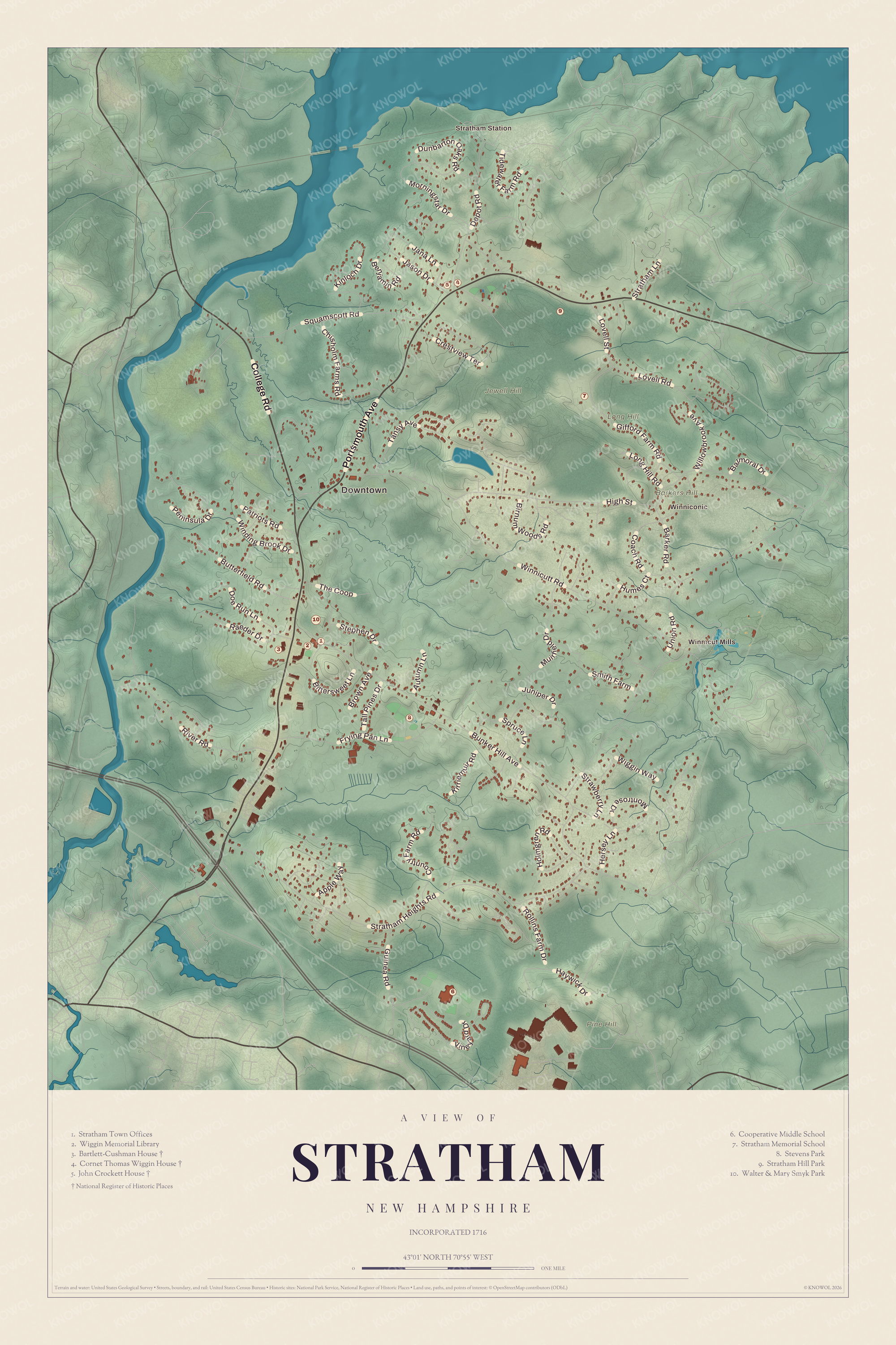Map of Stratham, New Hampshire, with Barkers Hill, Jewell Hill, Stratham Station and Parkman Corner