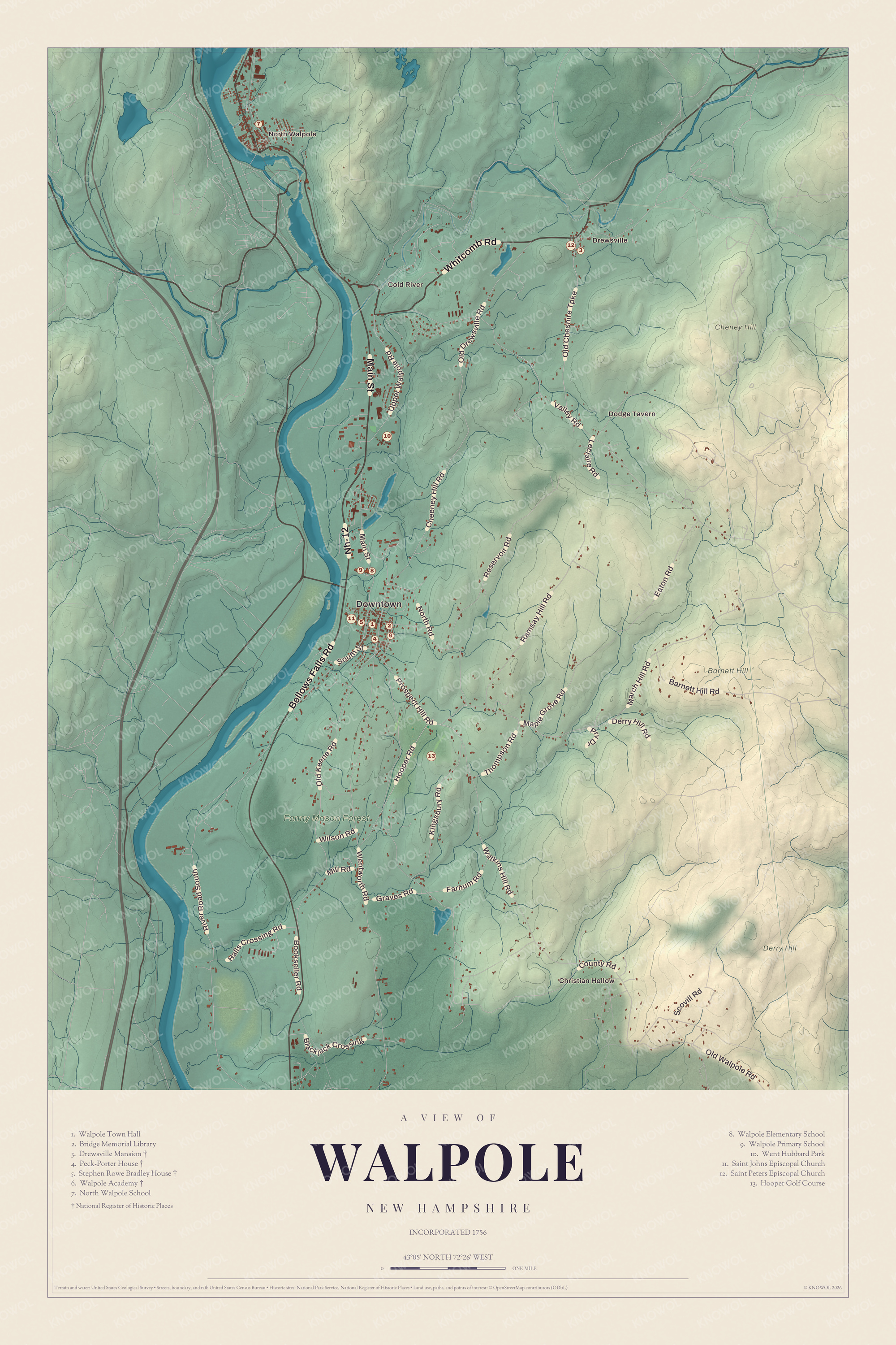 Watermarked full-map preview of Walpole, New Hampshire