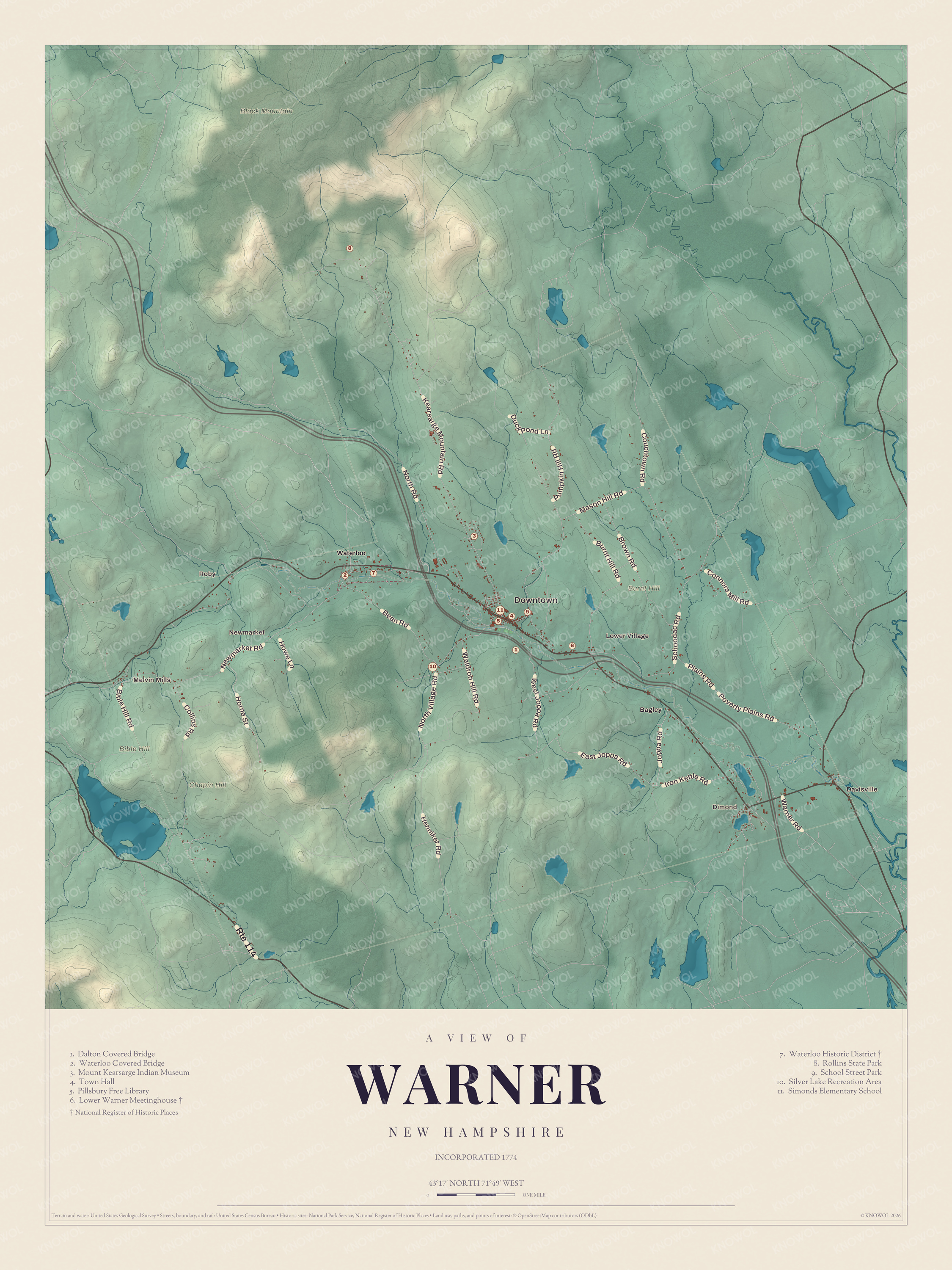 Watermarked full-map preview of Warner, New Hampshire