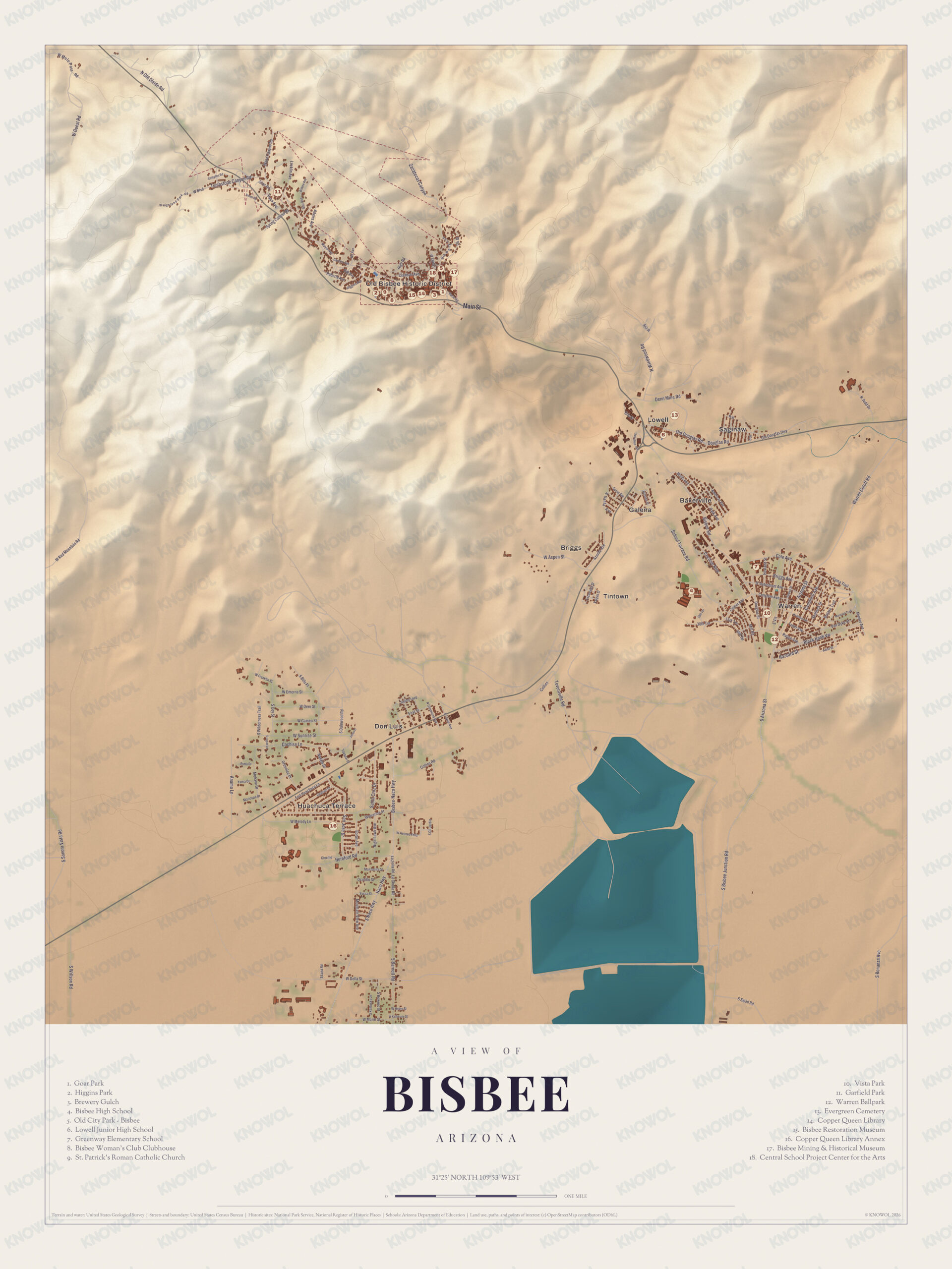 Map of Bisbee, Arizona, with the Copper Queen Library, Warren and School Hill