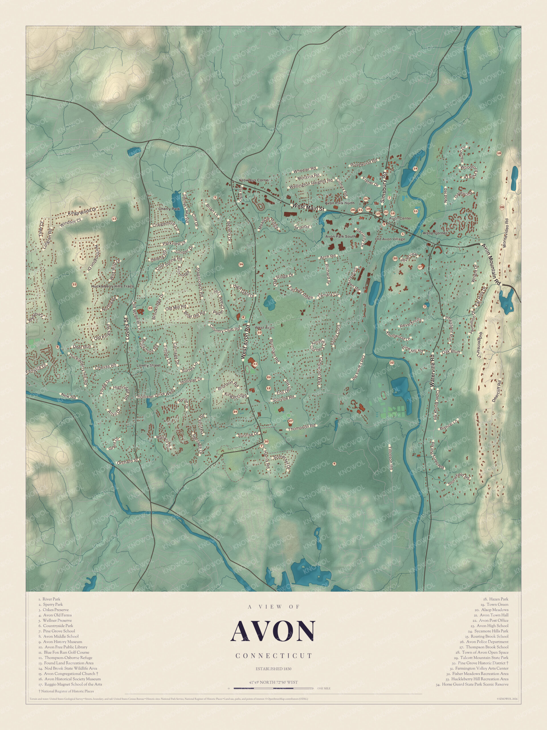 Map of Avon, Connecticut, with Avon Center, the Farmington River, Talcott Mountain and a guide of 34 numbered landmarks