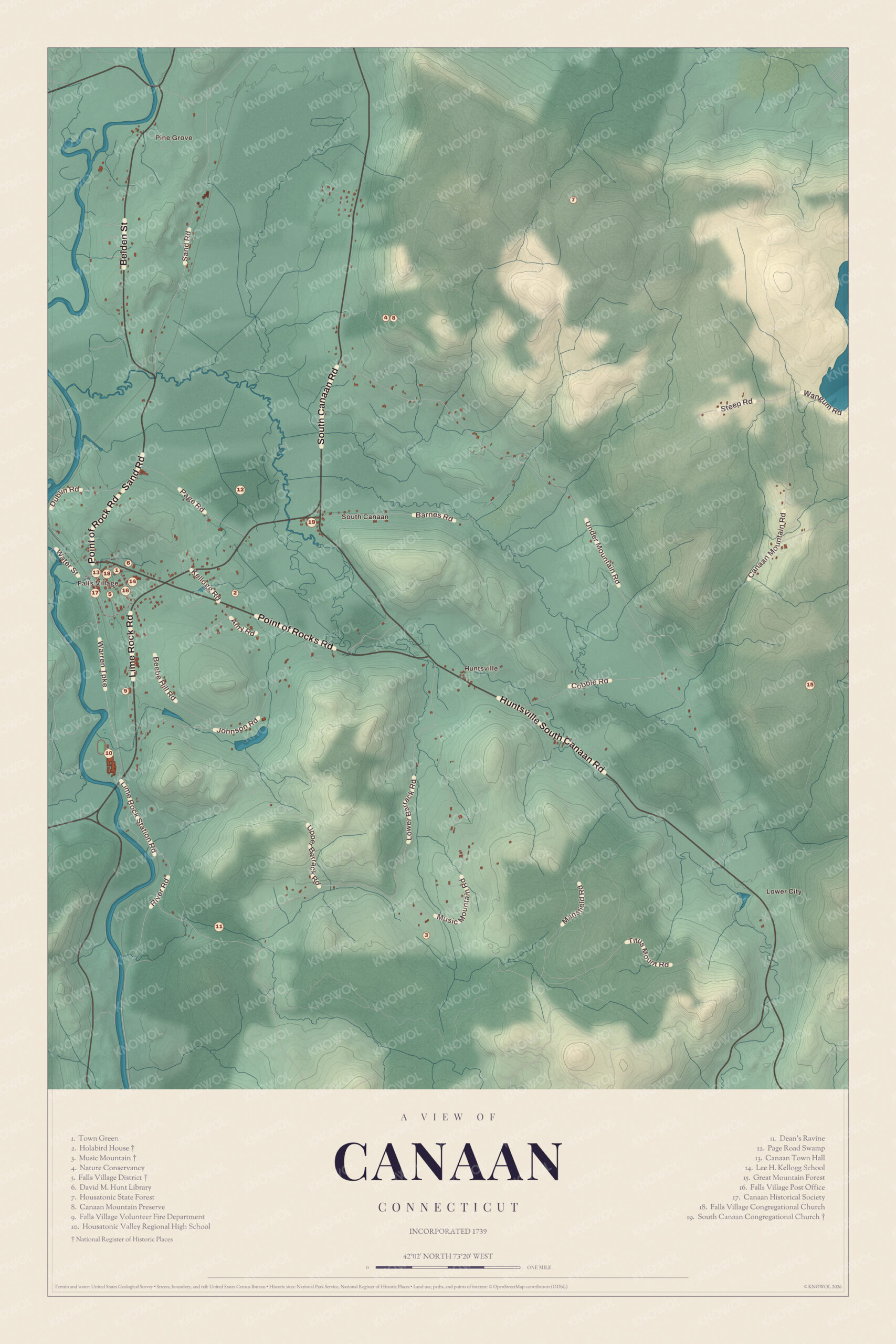 Map of Canaan, Connecticut, with Falls Village, Music Mountain, the South Canaan Congregational Church and a guide of 19 numbered landmarks