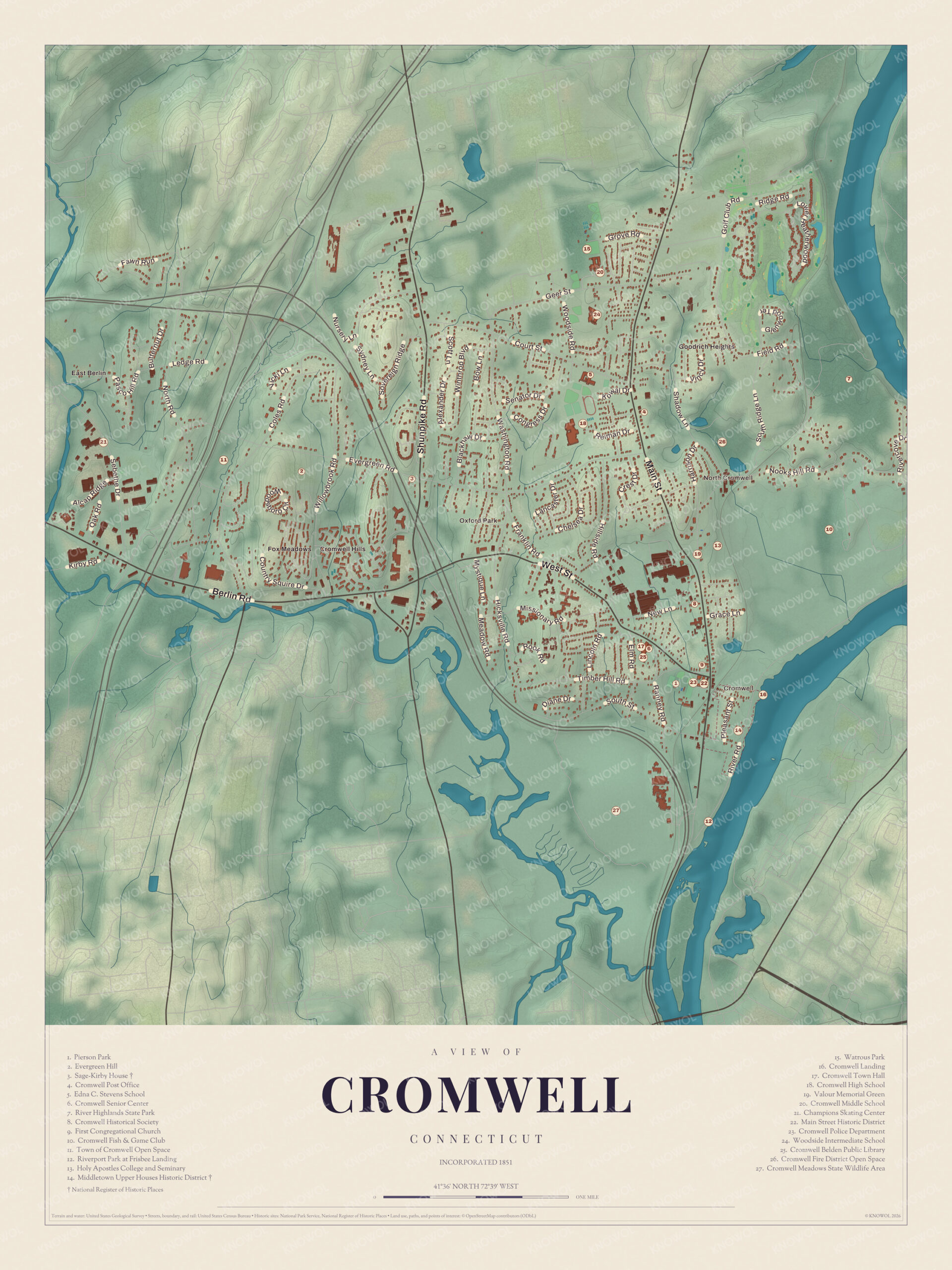 Map of Cromwell, Connecticut, with the Upper Houses on the river, Main Street, River Highlands State Park and a guide of 27 numbered landmarks