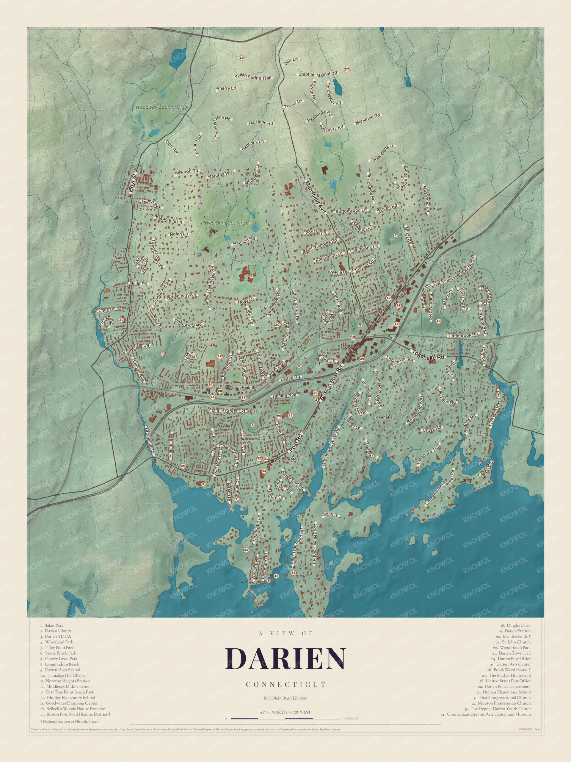 Map of Darien, Connecticut, with the Post Road, Noroton, the shore and a guide of 34 numbered landmarks