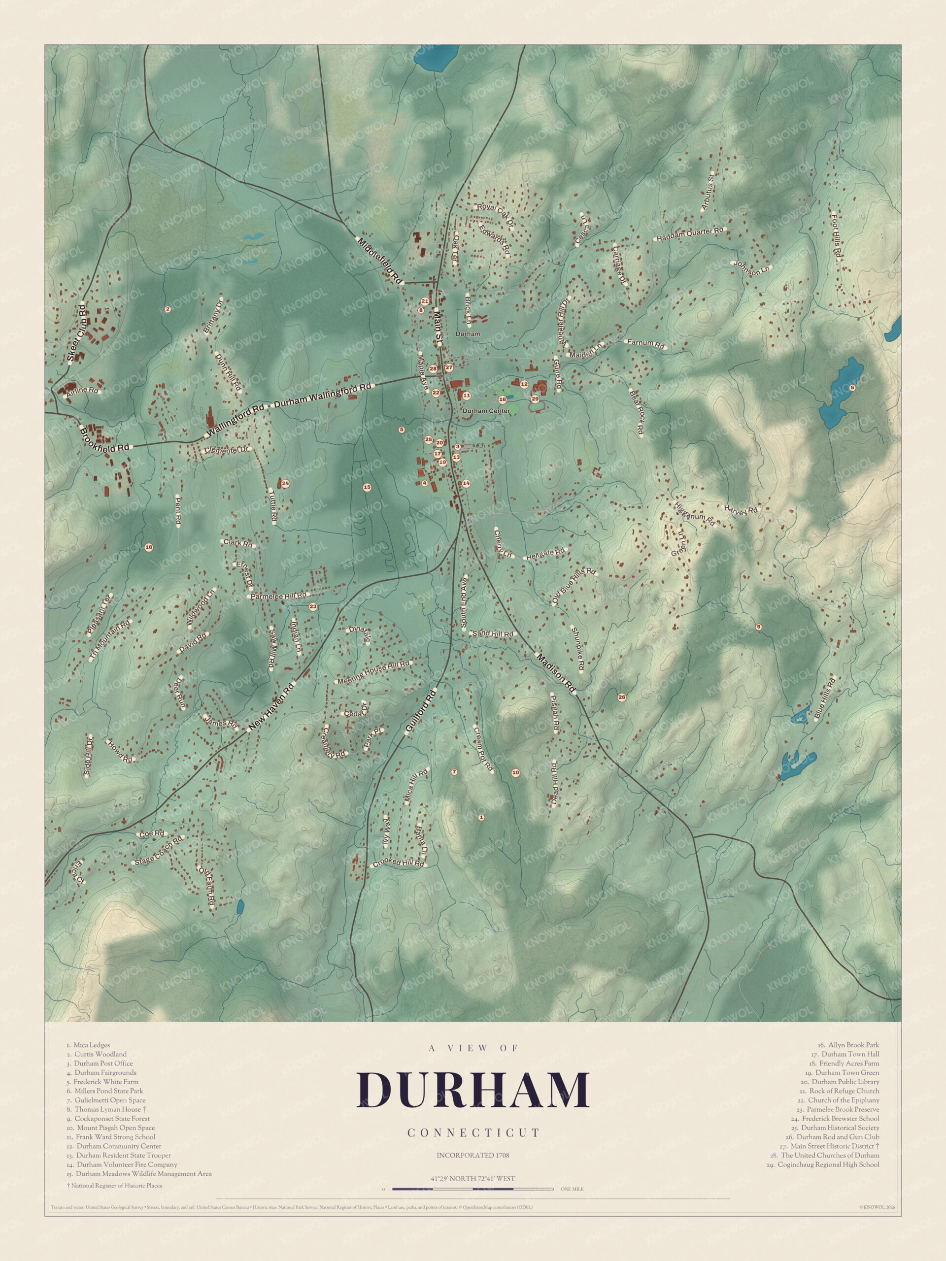Map of Durham, Connecticut, with Main Street, the fairgrounds, the ridges in the west and a guide of 29 numbered landmarks