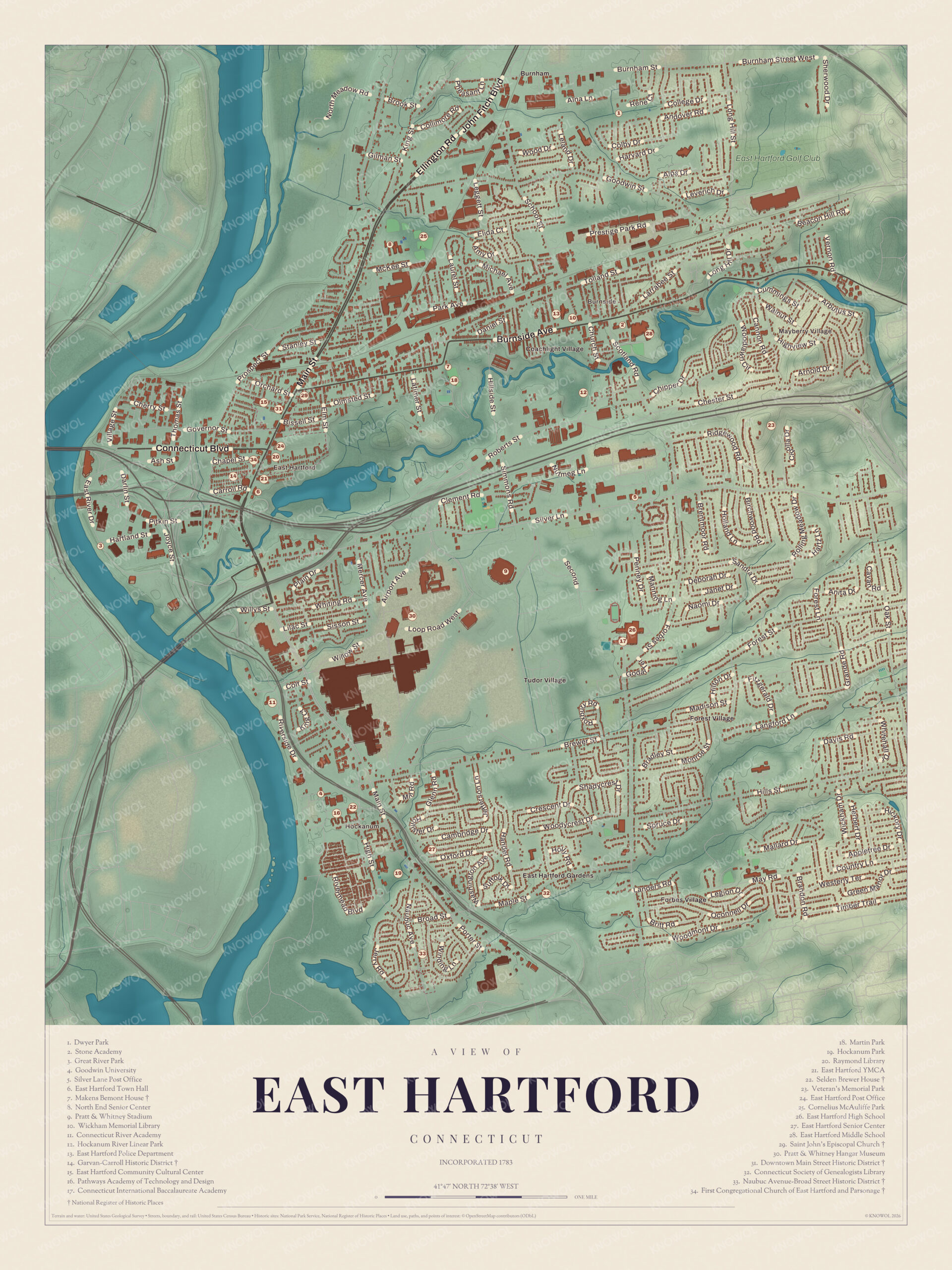 Map of East Hartford, Connecticut, with Main Street, the Hockanum River, Rentschler Field and a guide of 34 numbered landmarks