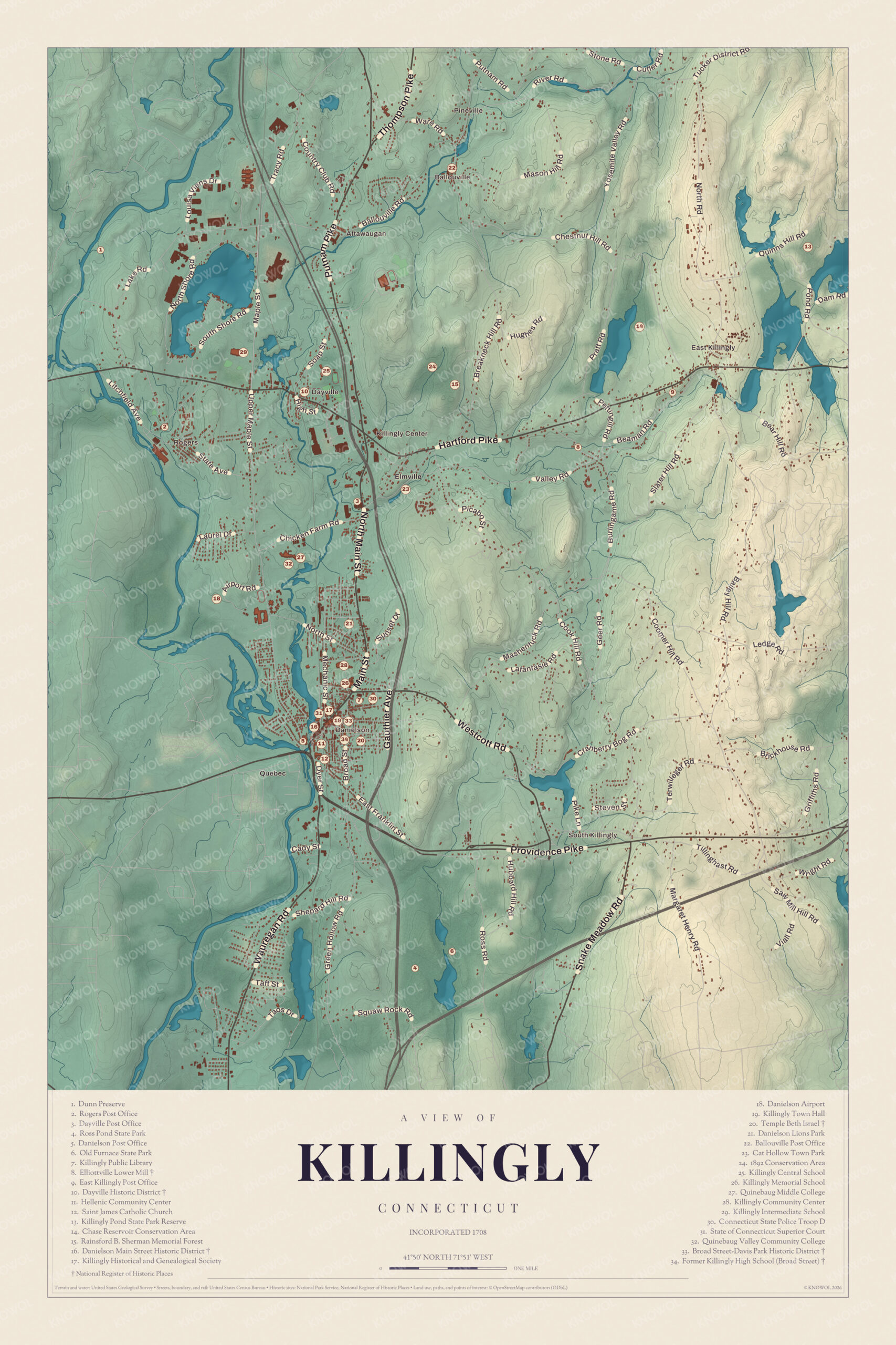 Map of Killingly, Connecticut, with Danielson, Dayville, the mill villages, Old Furnace State Park and a guide of 34 numbered landmarks