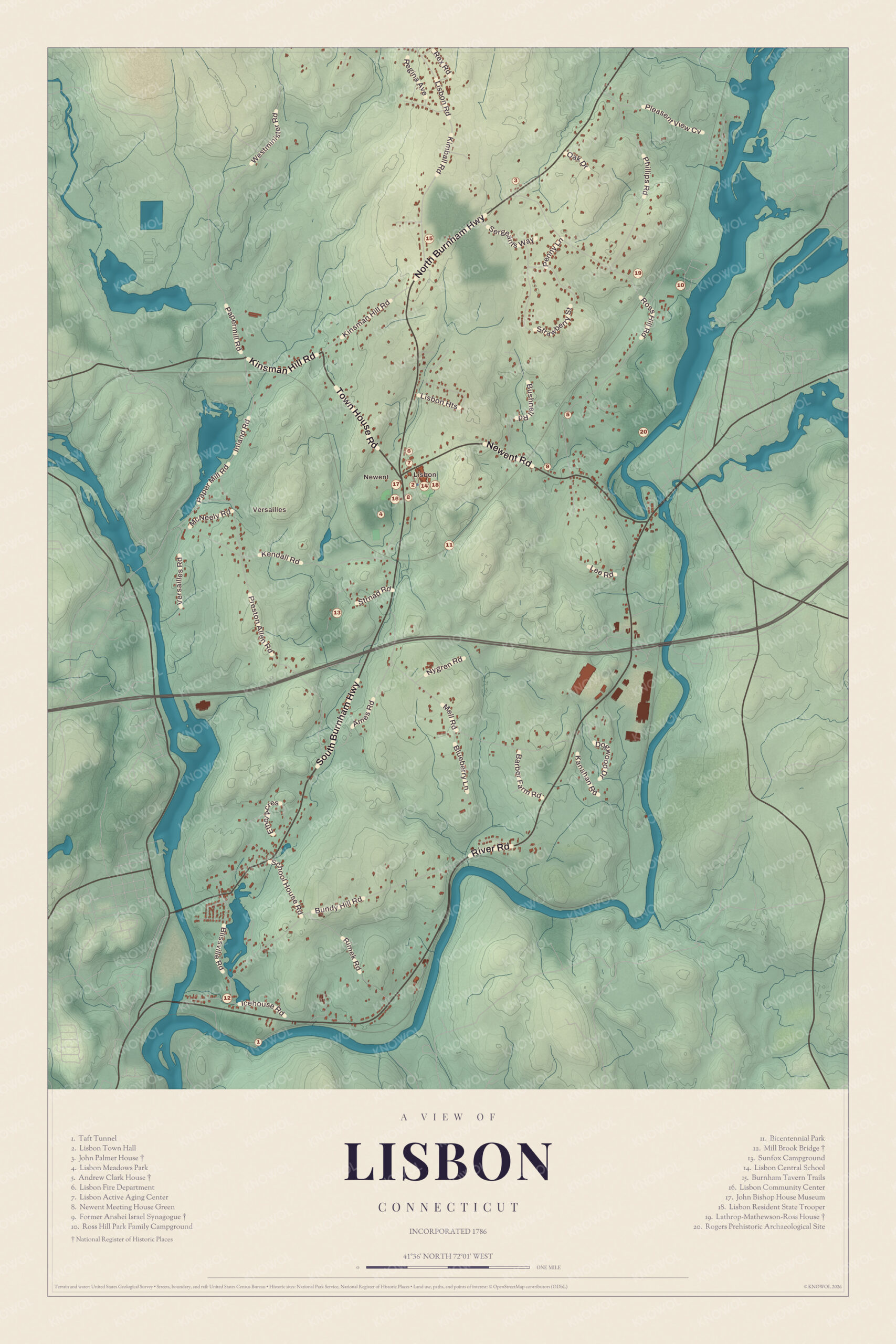 Map of Lisbon, Connecticut, with the Newent green, Ross Hill, the Quinebaug and Shetucket valleys and a guide of 20 numbered landmarks