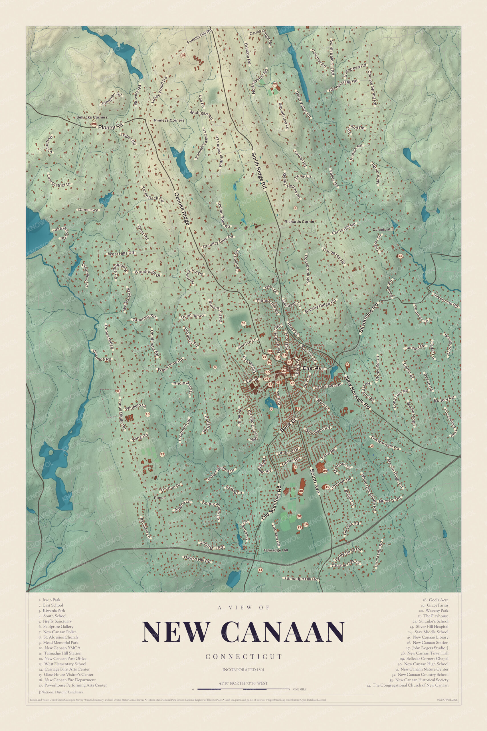 Map of New Canaan, Connecticut, with the town center, God's Acre, Waveny Park, Talmadge Hill and a guide of 34 numbered landmarks