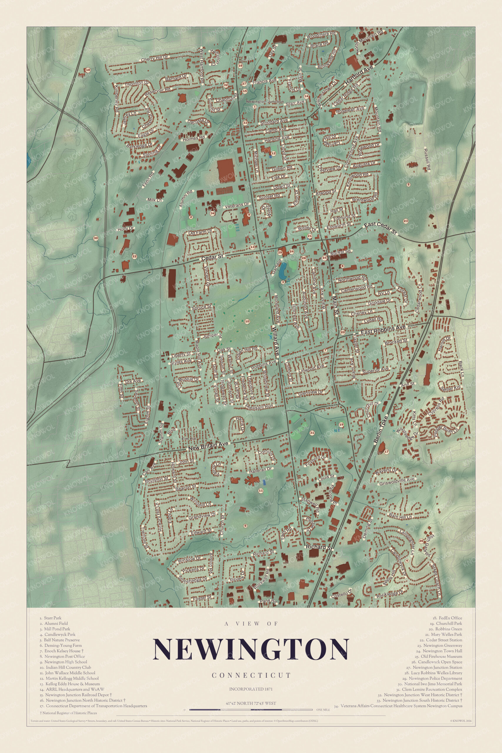 Map of Newington, Connecticut, with the town center, Mill Pond, Newington Junction, the Berlin Turnpike and a guide of 34 numbered landmarks