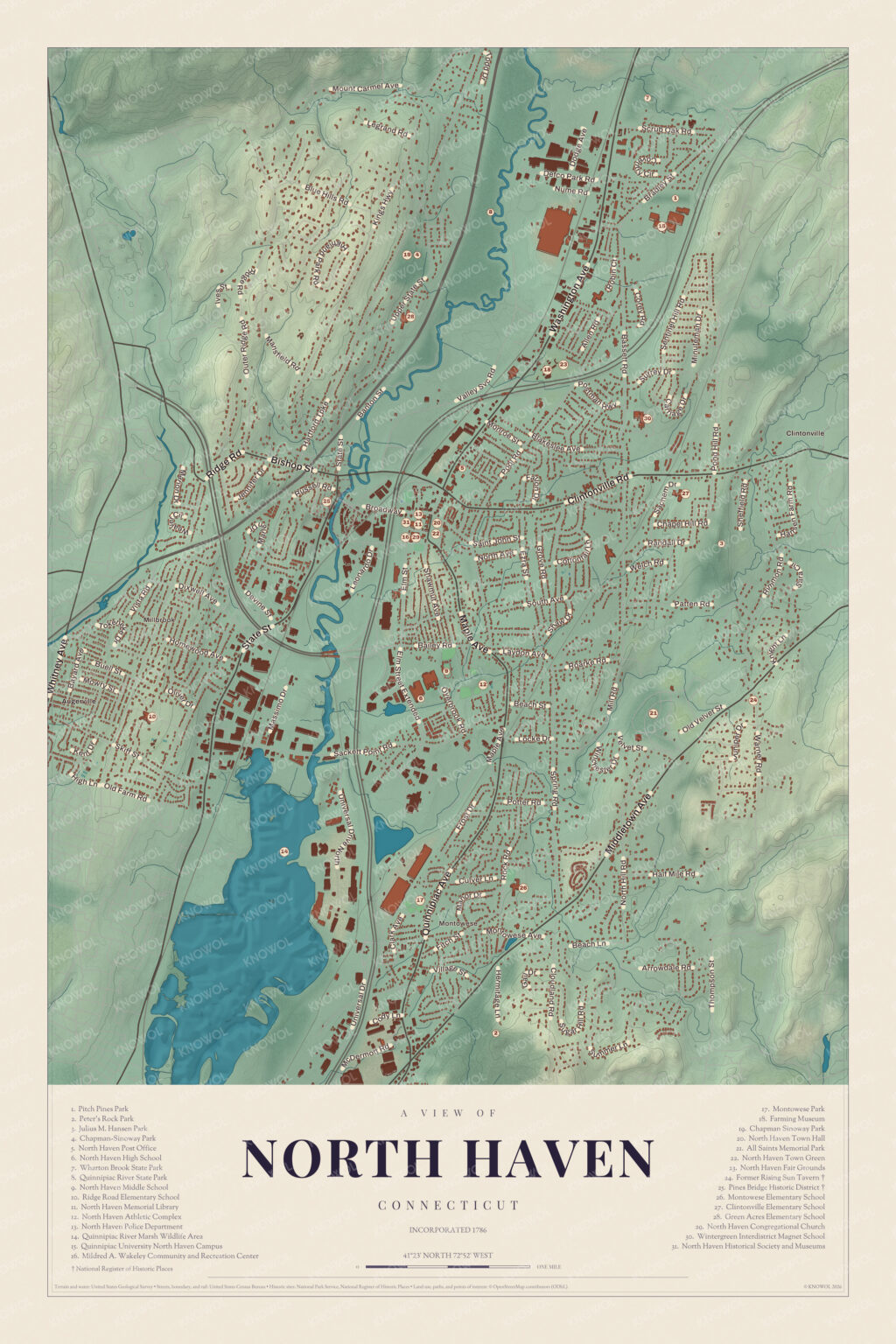 Map of North Haven, Connecticut in 2026, with the town green, Pines Bridge, Montowese, Clintonville and 31 numbered landmarks