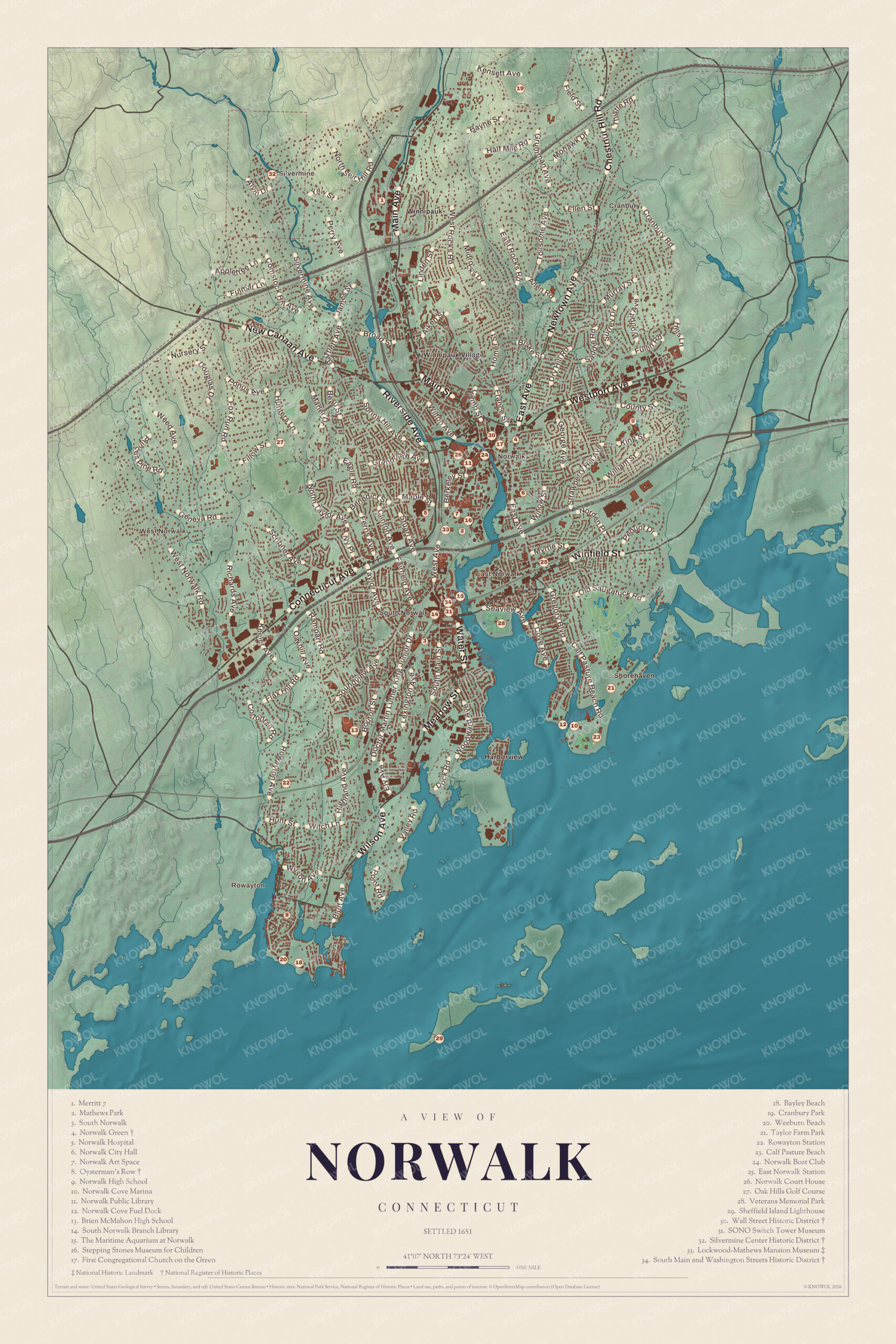 Map of Norwalk, Connecticut, with SoNo, Rowayton, the islands of the Sound and a guide of 34 numbered landmarks