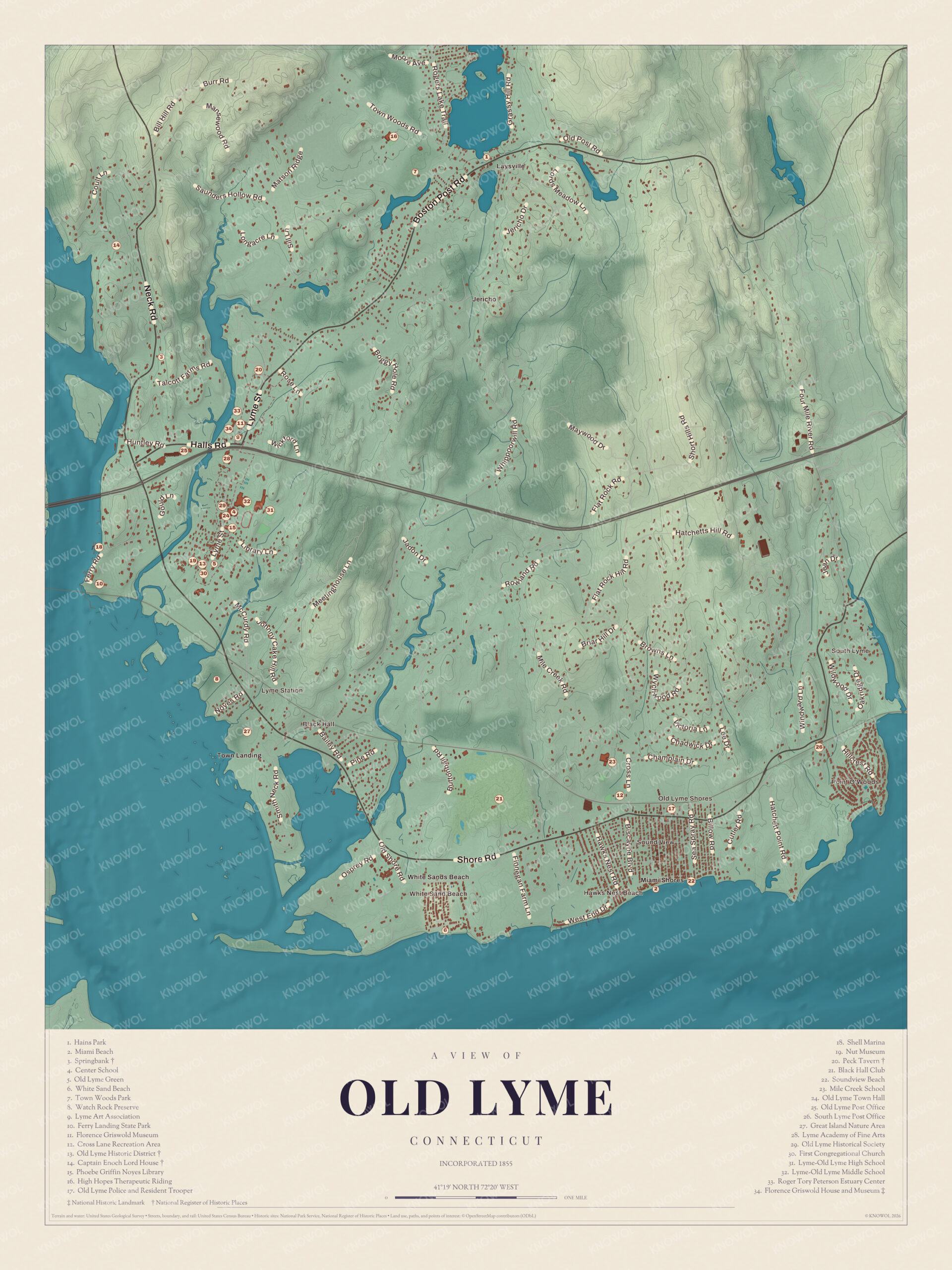 Map of Old Lyme, Connecticut, with Lyme Street, the shore villages and a guide of 34 numbered landmarks