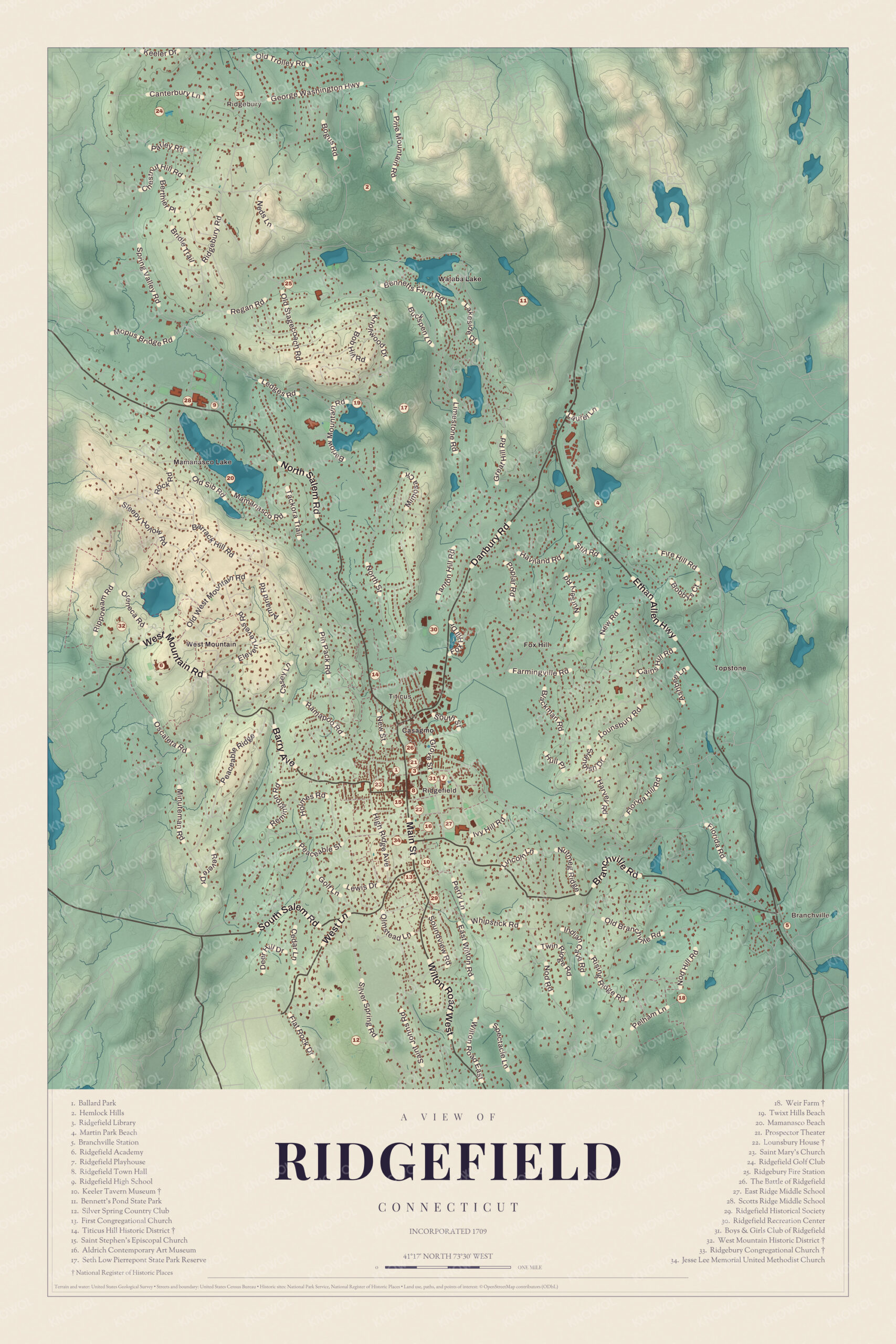 Map of Ridgefield, Connecticut, with Main Street, Branchville, Ridgebury and a guide of 34 numbered landmarks