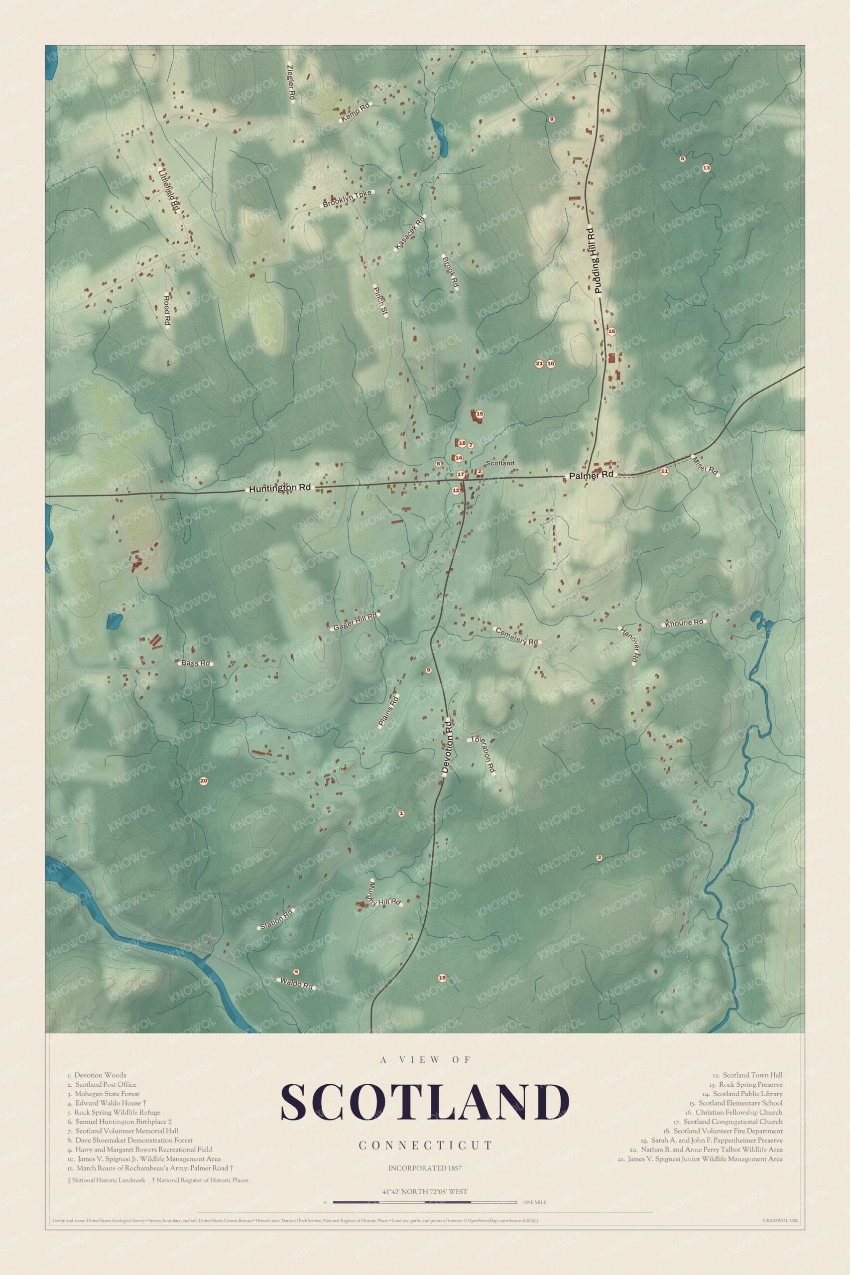 Map of Scotland, Connecticut, with the village center, the Huntington Homestead, Palmer Road and a guide of 21 numbered landmarks