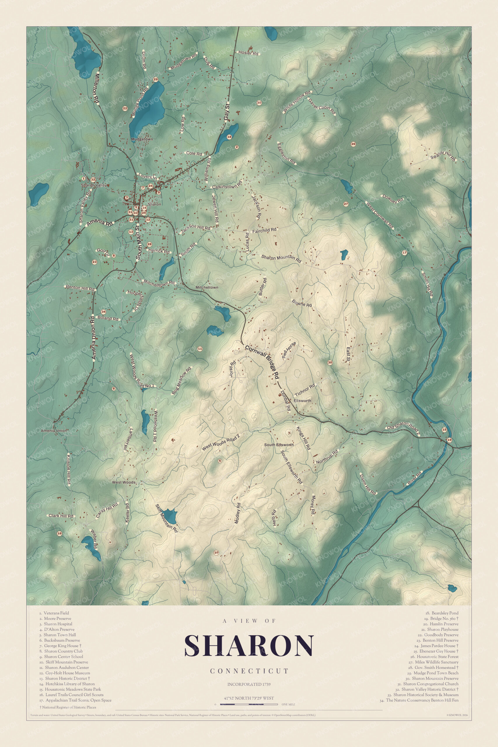 Map of Sharon, Connecticut, with the town green, Sharon Valley, the Housatonic and a guide of 34 numbered landmarks