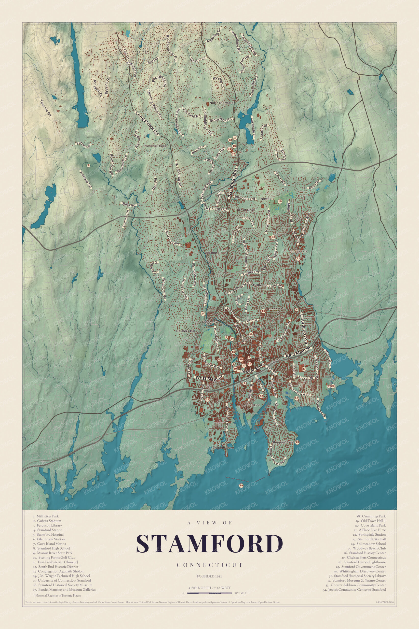 Map of Stamford, Connecticut, with downtown, the South End, Shippan Point, North Stamford and a guide of 34 numbered landmarks