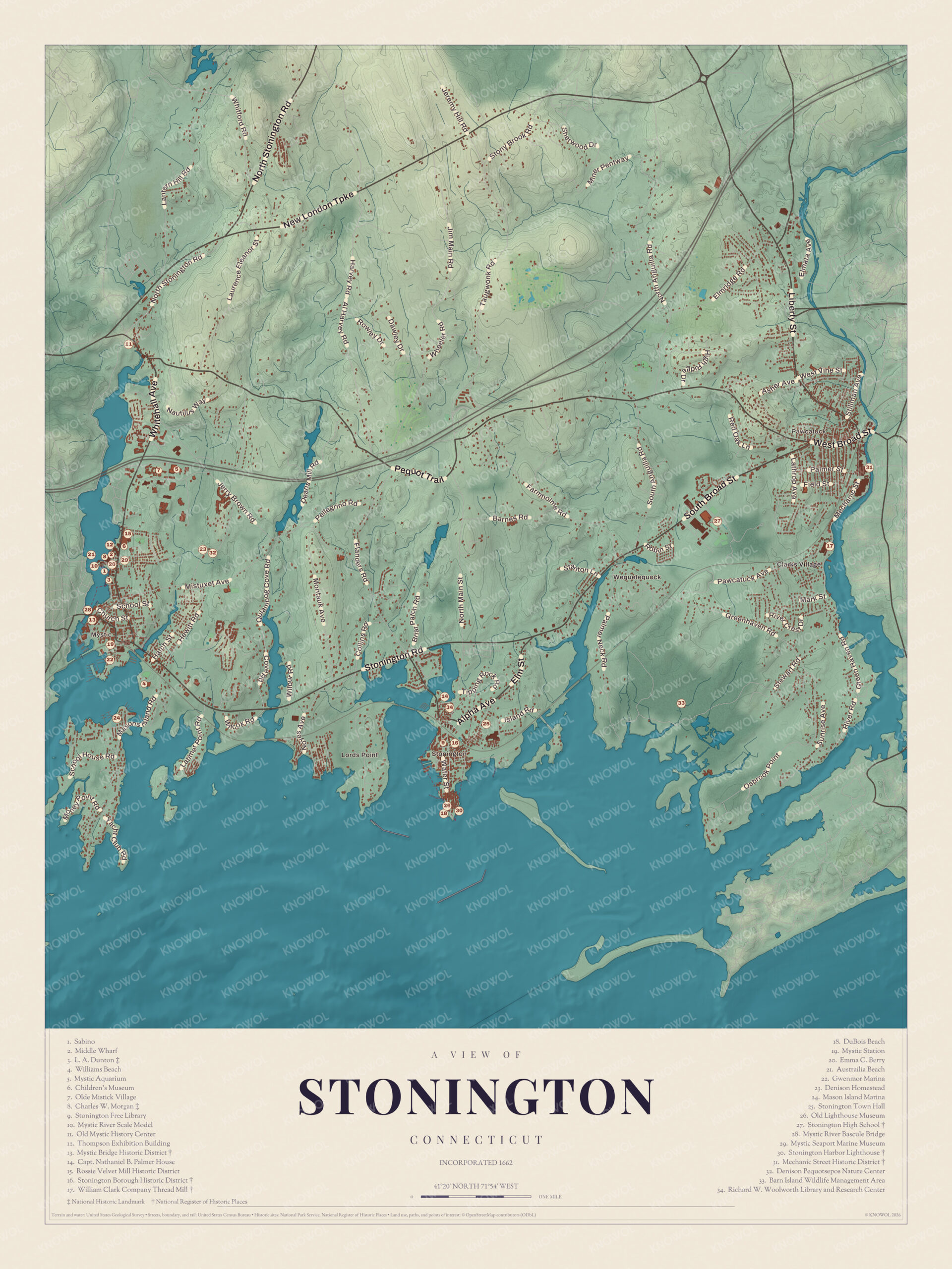 Map of Stonington, Connecticut, with Mystic, the Borough, Pawcatuck and a guide of 34 numbered landmarks