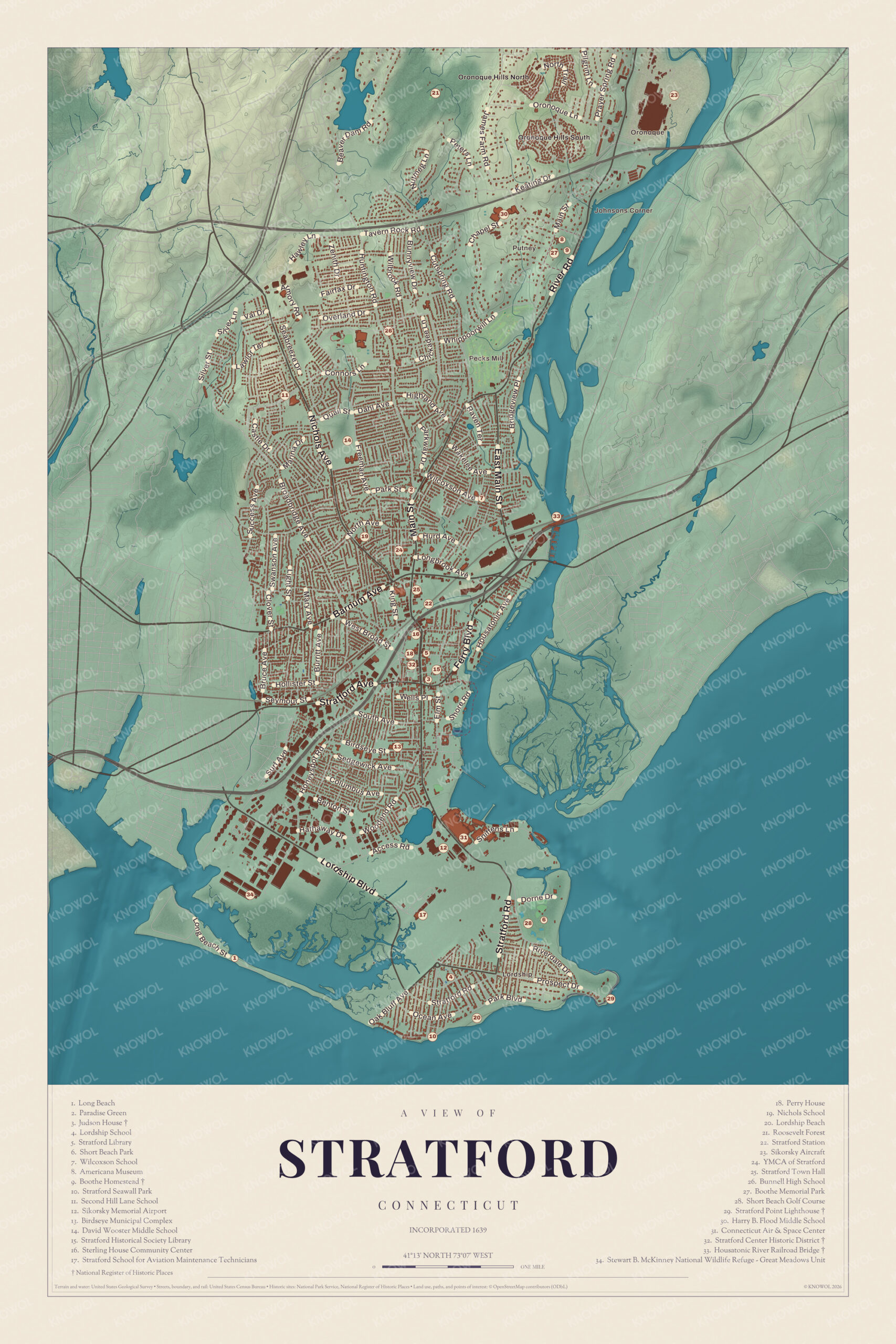 Map of Stratford, Connecticut, with a numbered guide to 34 landmarks from Paradise Green to Lordship and Stratford Point