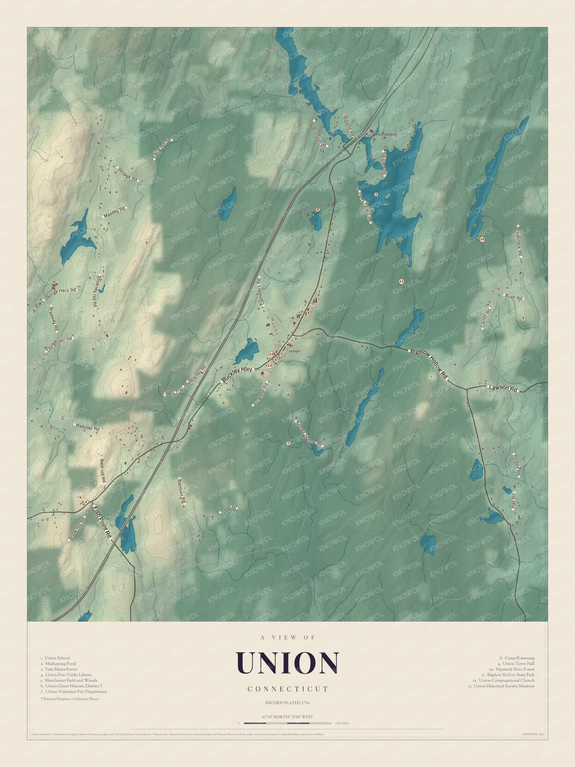 Map of Union, Connecticut, with Union Green, Mashapaug, Bigelow Hollow and a guide of 13 numbered landmarks