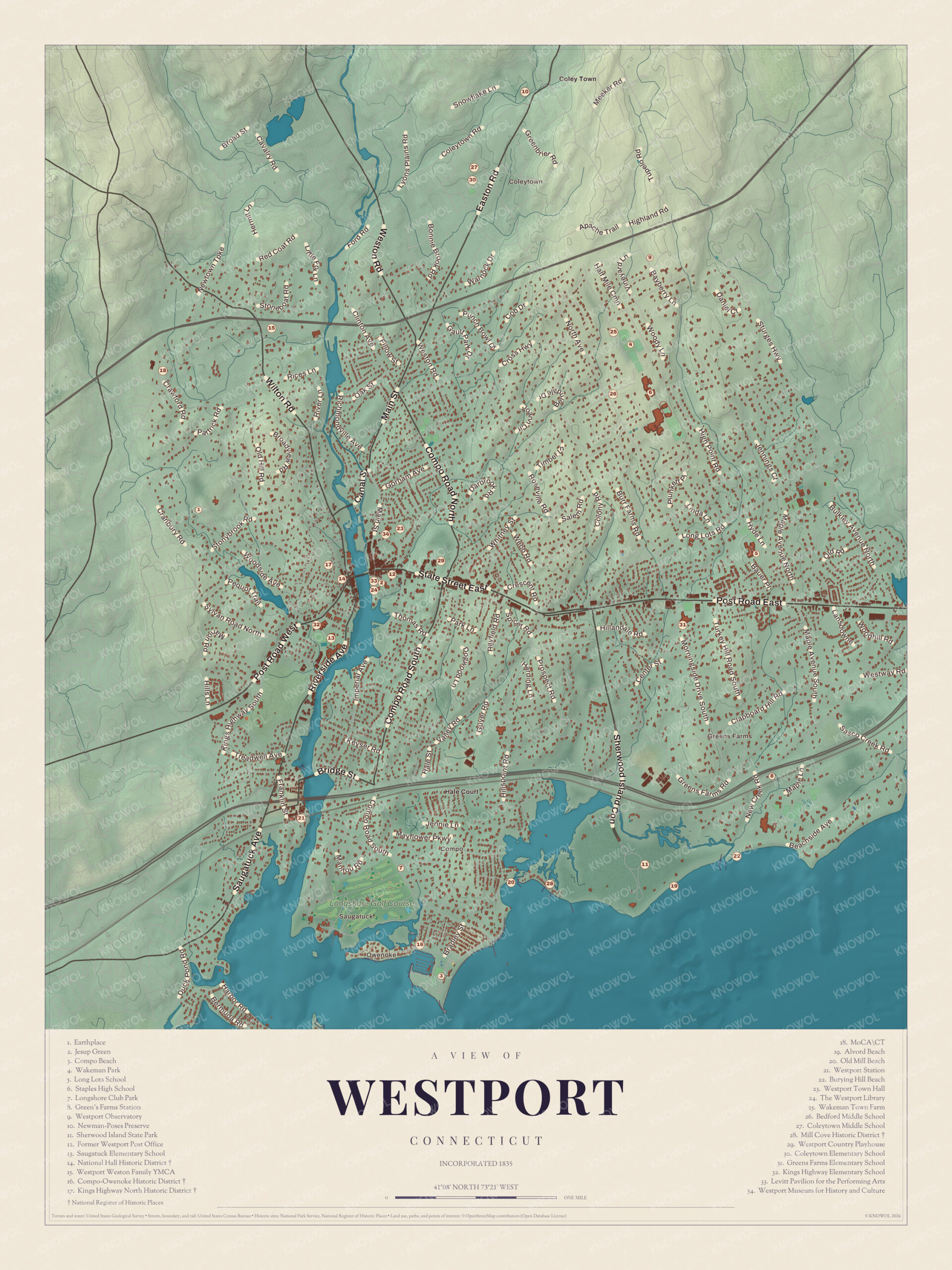 Map of Westport, Connecticut, with a numbered guide to 34 landmarks from Compo Beach and Saugatuck to Coleytown
