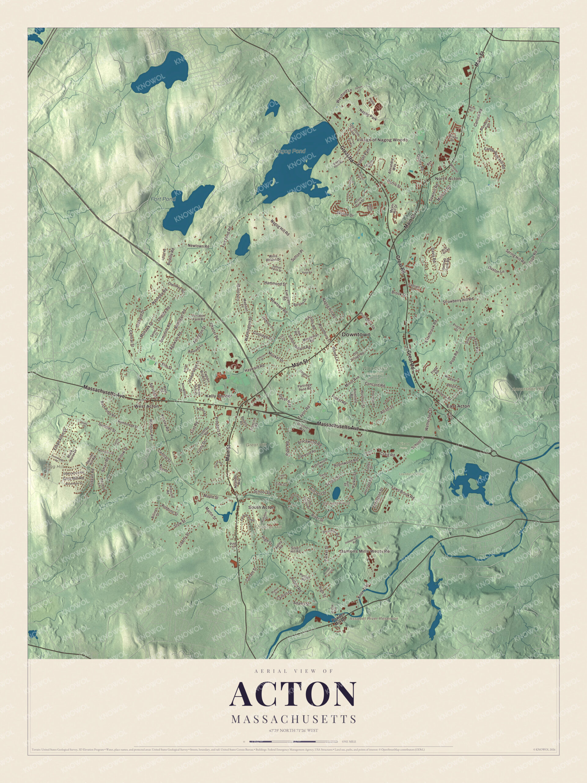 Map of Acton, Massachusetts, with Nagog Pond, Fort Pond, Great Road and Main Street