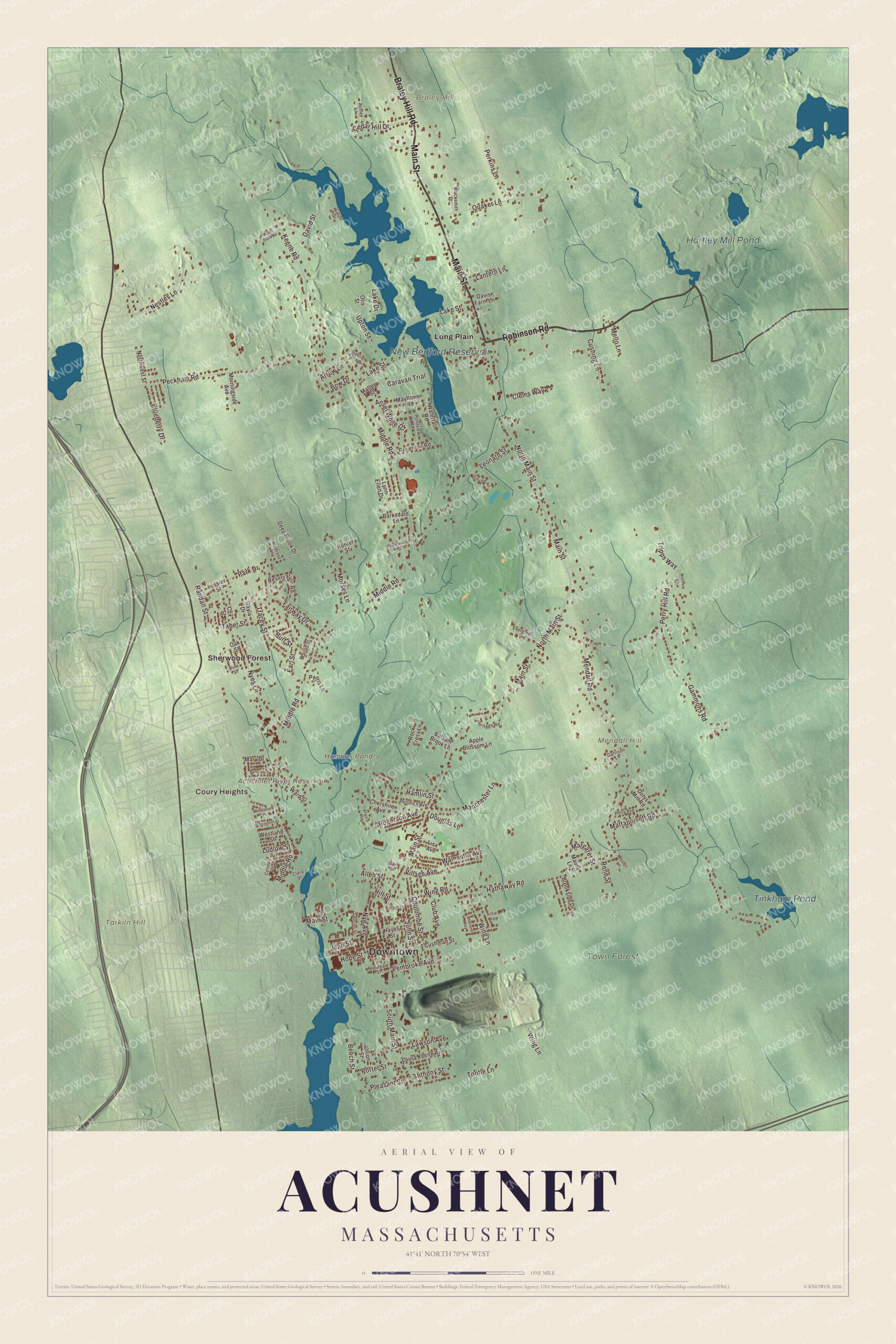 Map of Acushnet, Massachusetts, with the New Bedford Reservoir, Hamlins Pond and Main Street