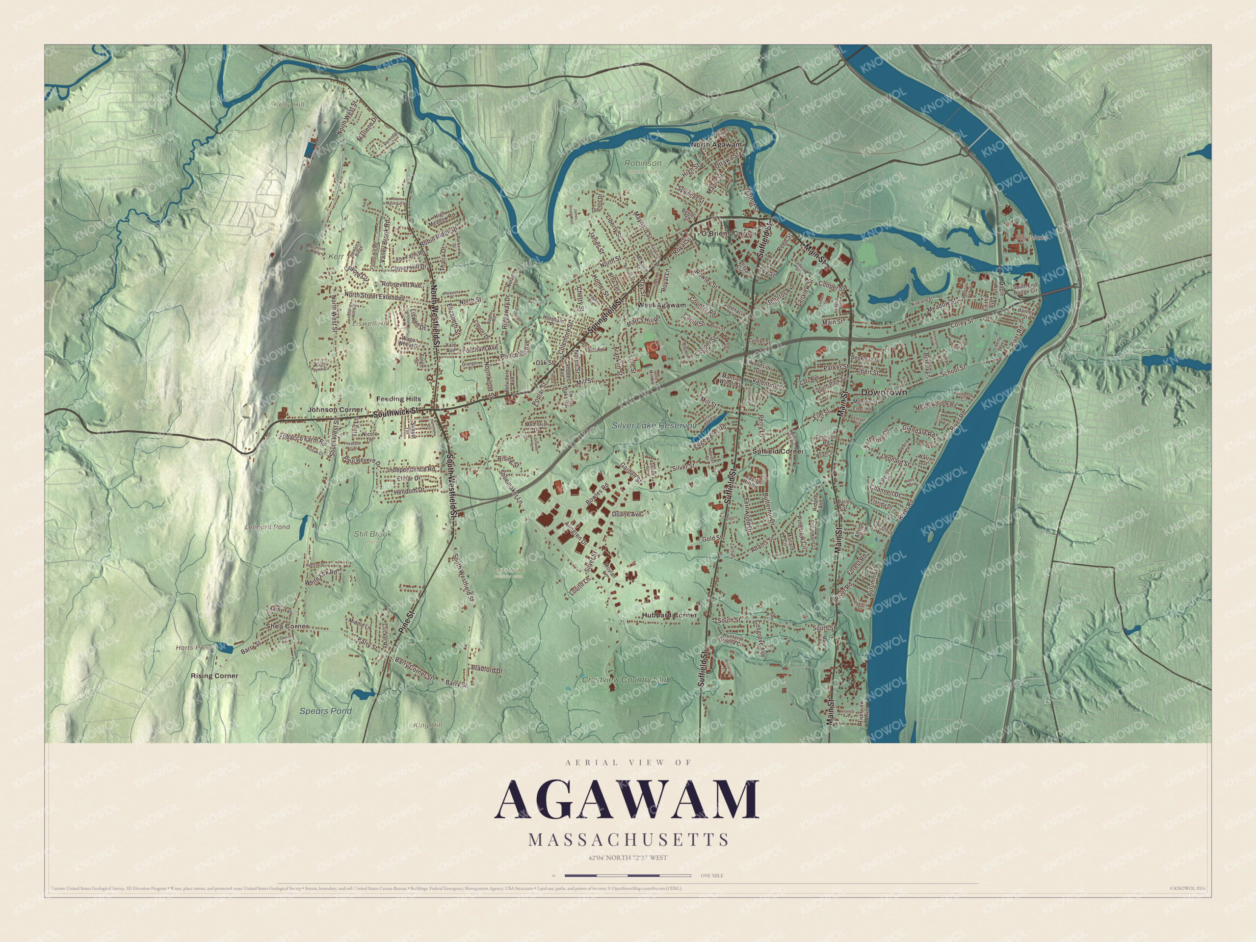 Map of Agawam, Massachusetts, with Feeding Hills, Main Street and the Silver Lake Reservoir