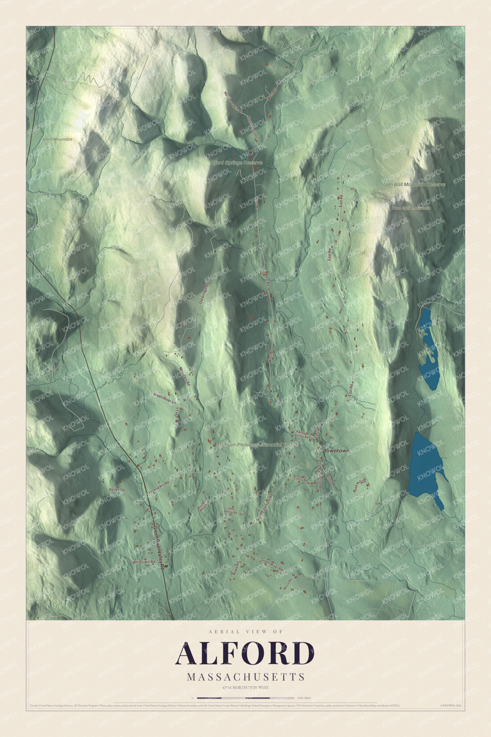 Map of Alford, Massachusetts, with Tom Ball Mountain, Bald Mountain and Green River Valley Road