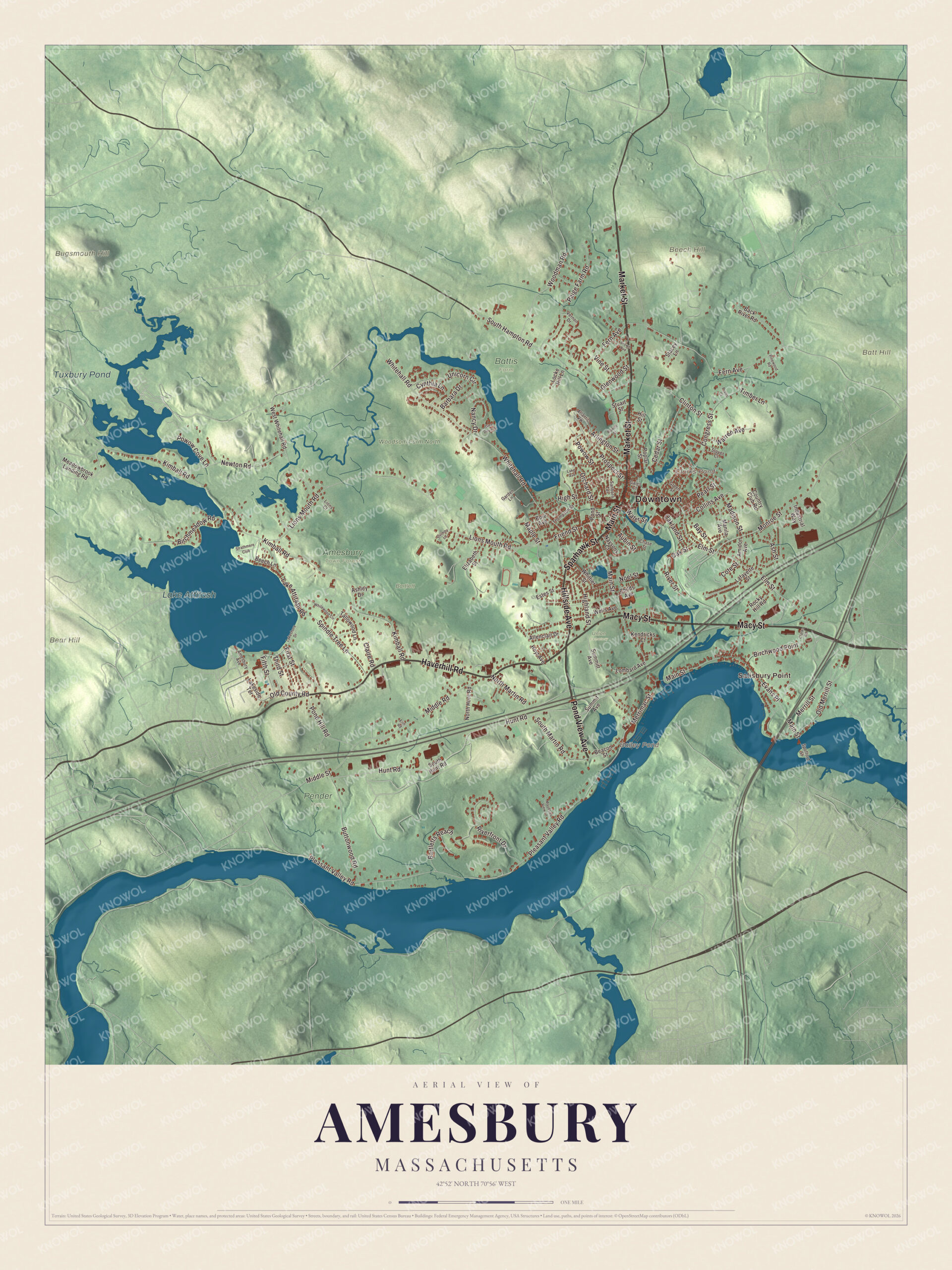 Map of Amesbury, Massachusetts, with Lake Attitash, the Powwow River and Main Street