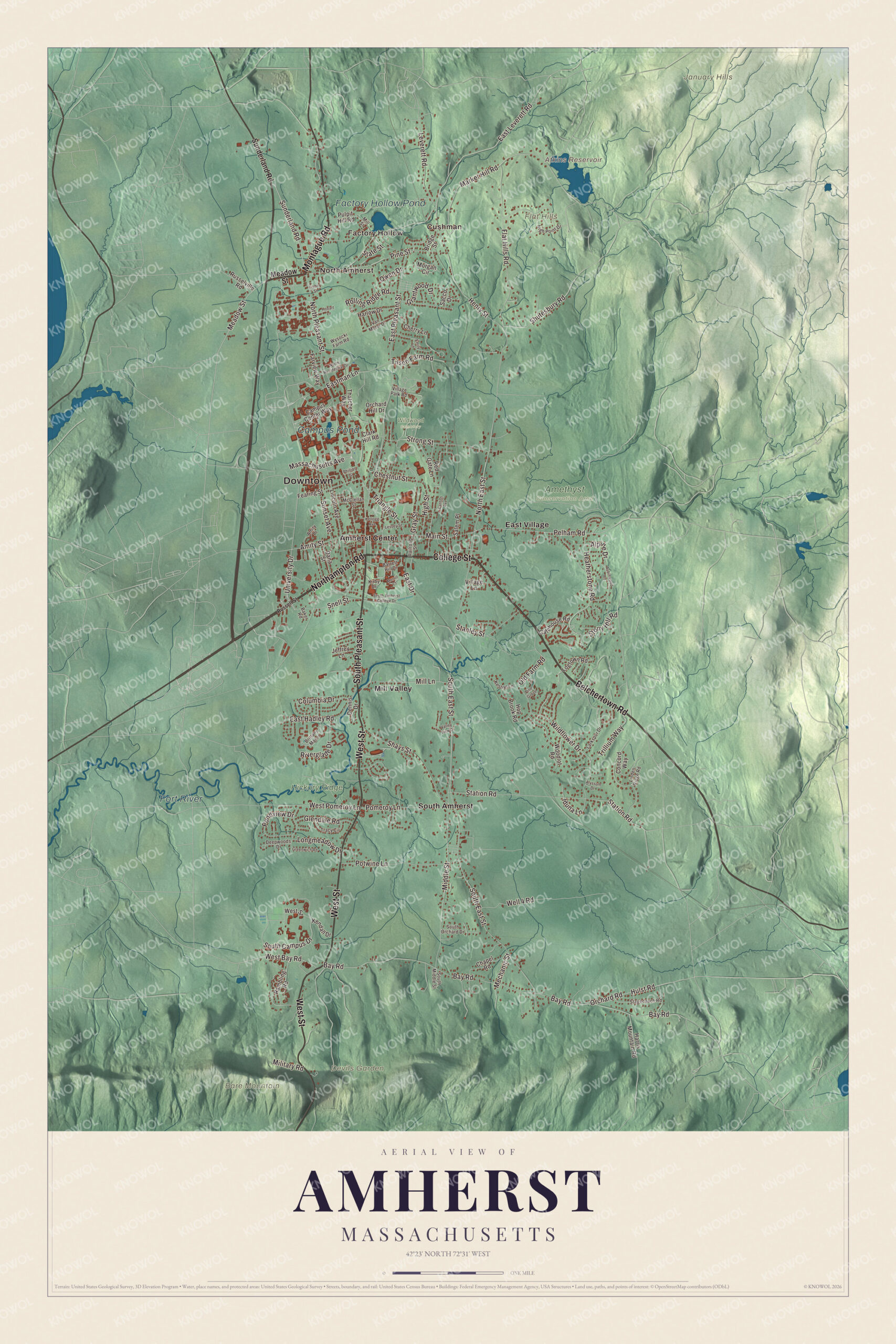 Map of Amherst, Massachusetts, with the Fort River, Campus Pond and Bare Mountain