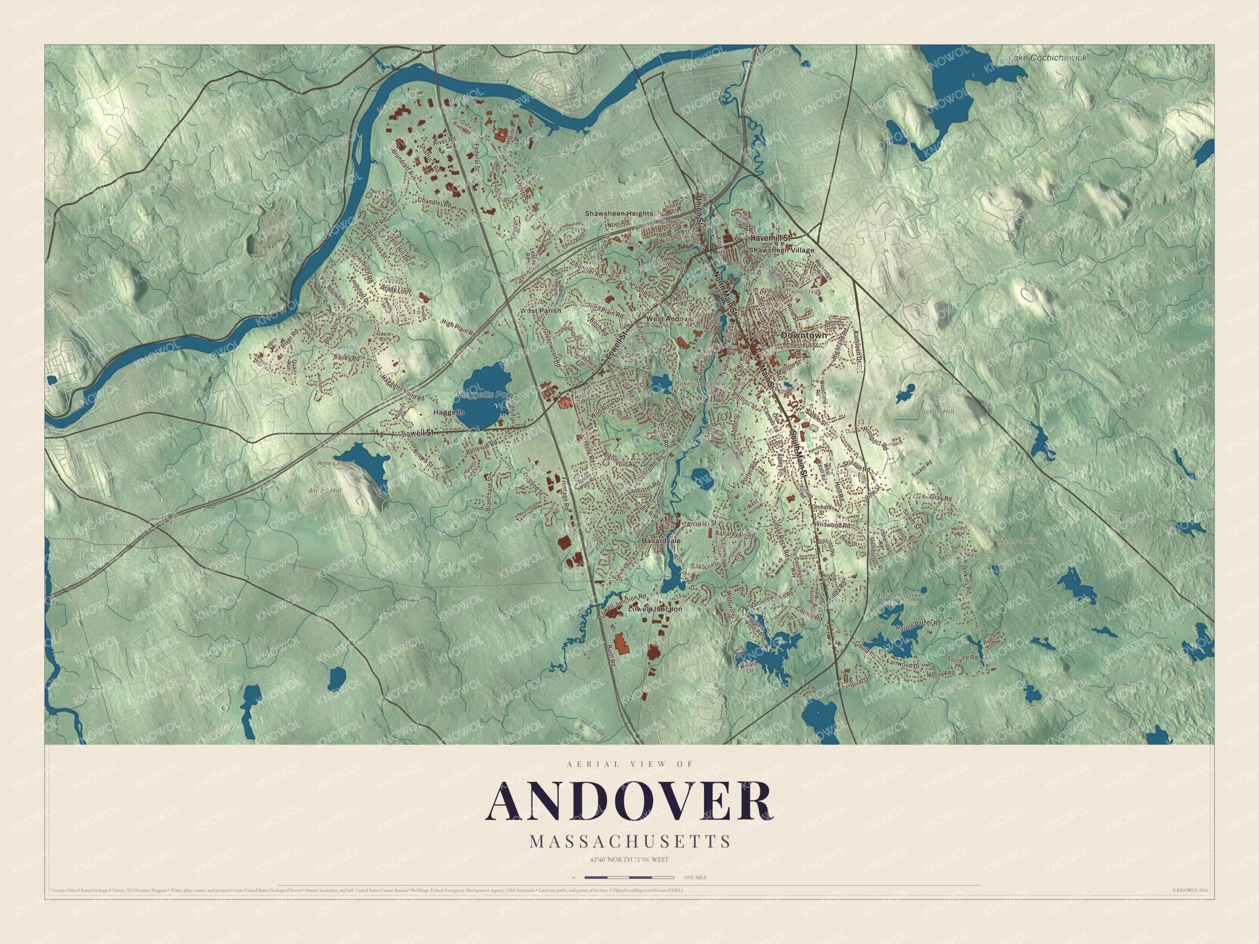 Map of Andover, Massachusetts, with Main Street, Shawsheen Village and Haggetts Pond