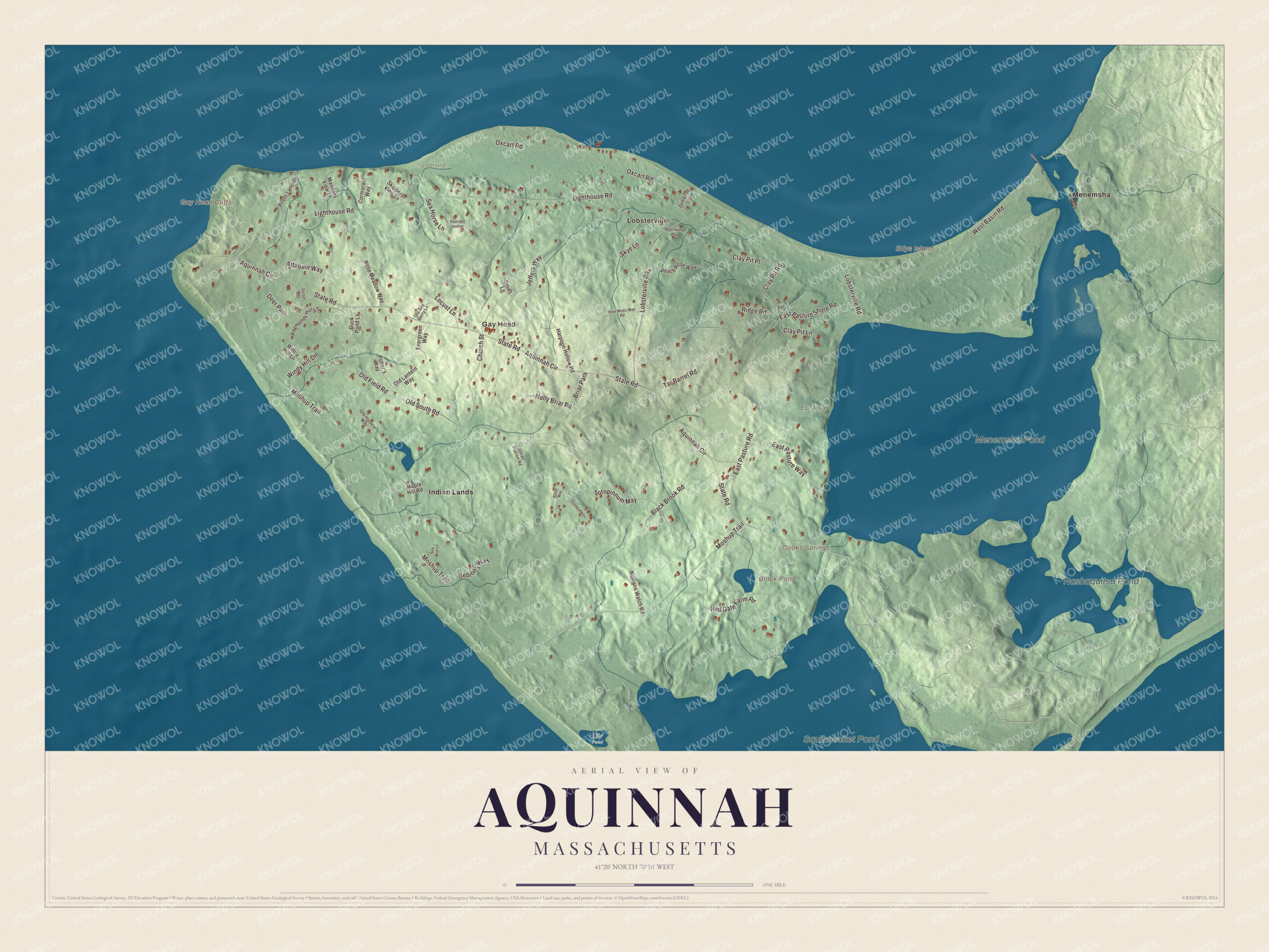 Map of Aquinnah, Massachusetts, with Menemsha Pond, Squibnocket Pond and Moshup Trail