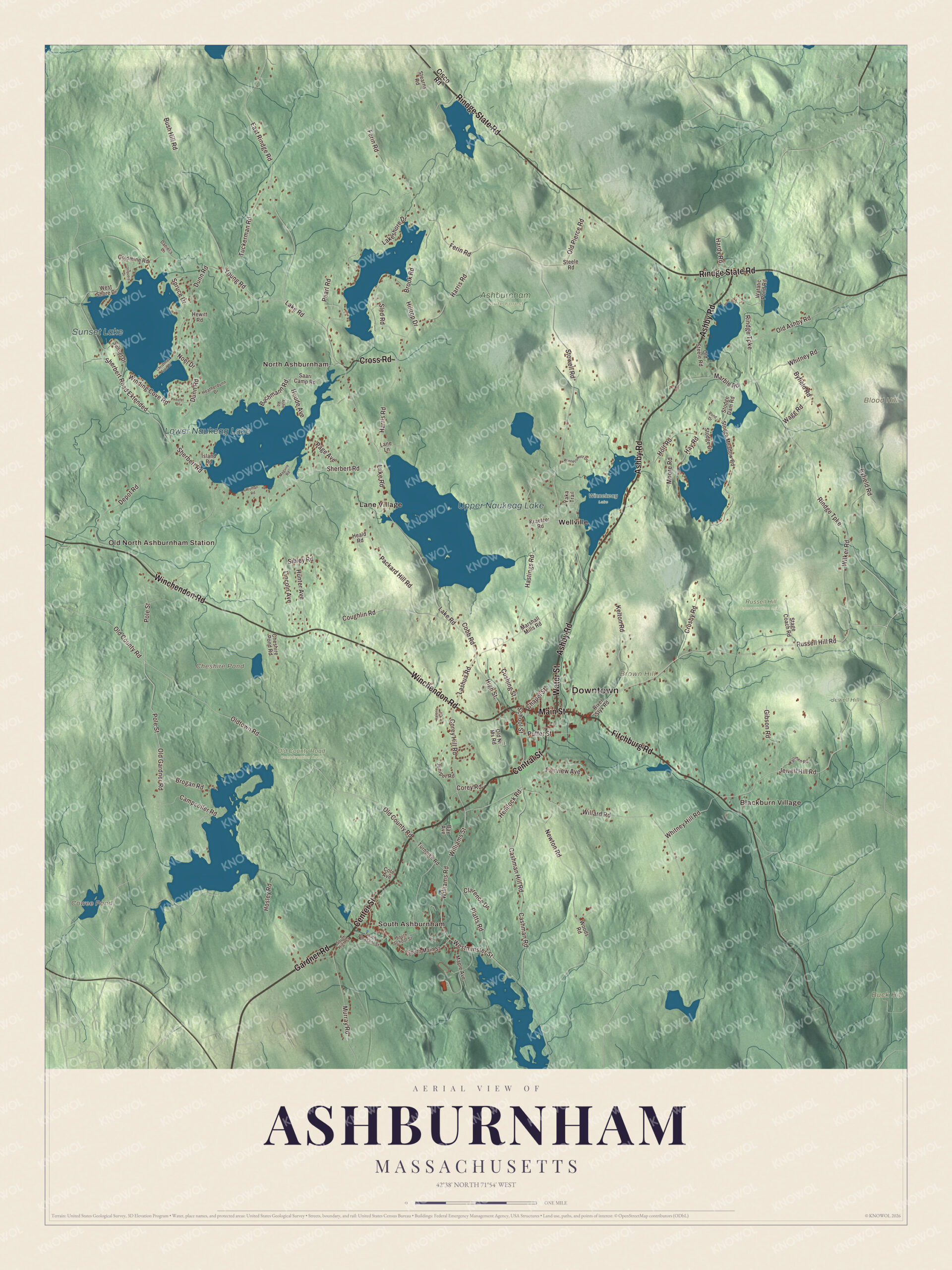 Map of Ashburnham, Massachusetts, with Upper Naukeag Lake, Lower Naukeag Lake and Main Street