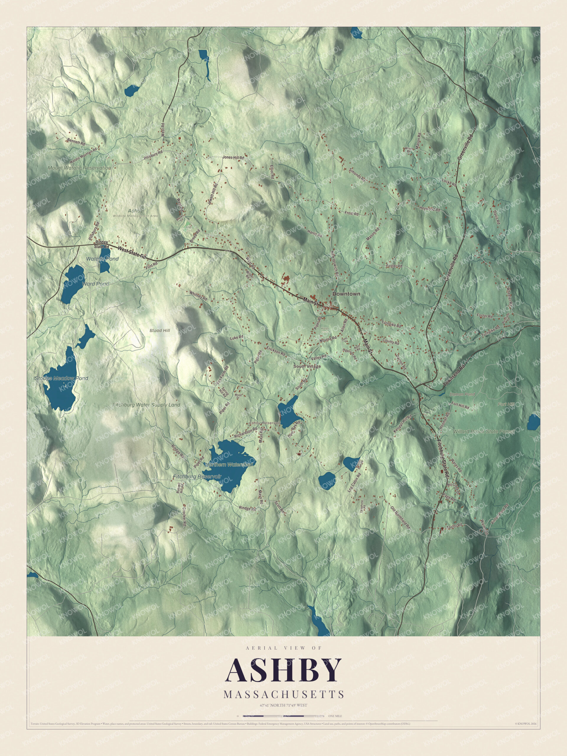 Map of Ashby, Massachusetts, with the Ashby Reservoir, Willard Brook State Forest and Main Street