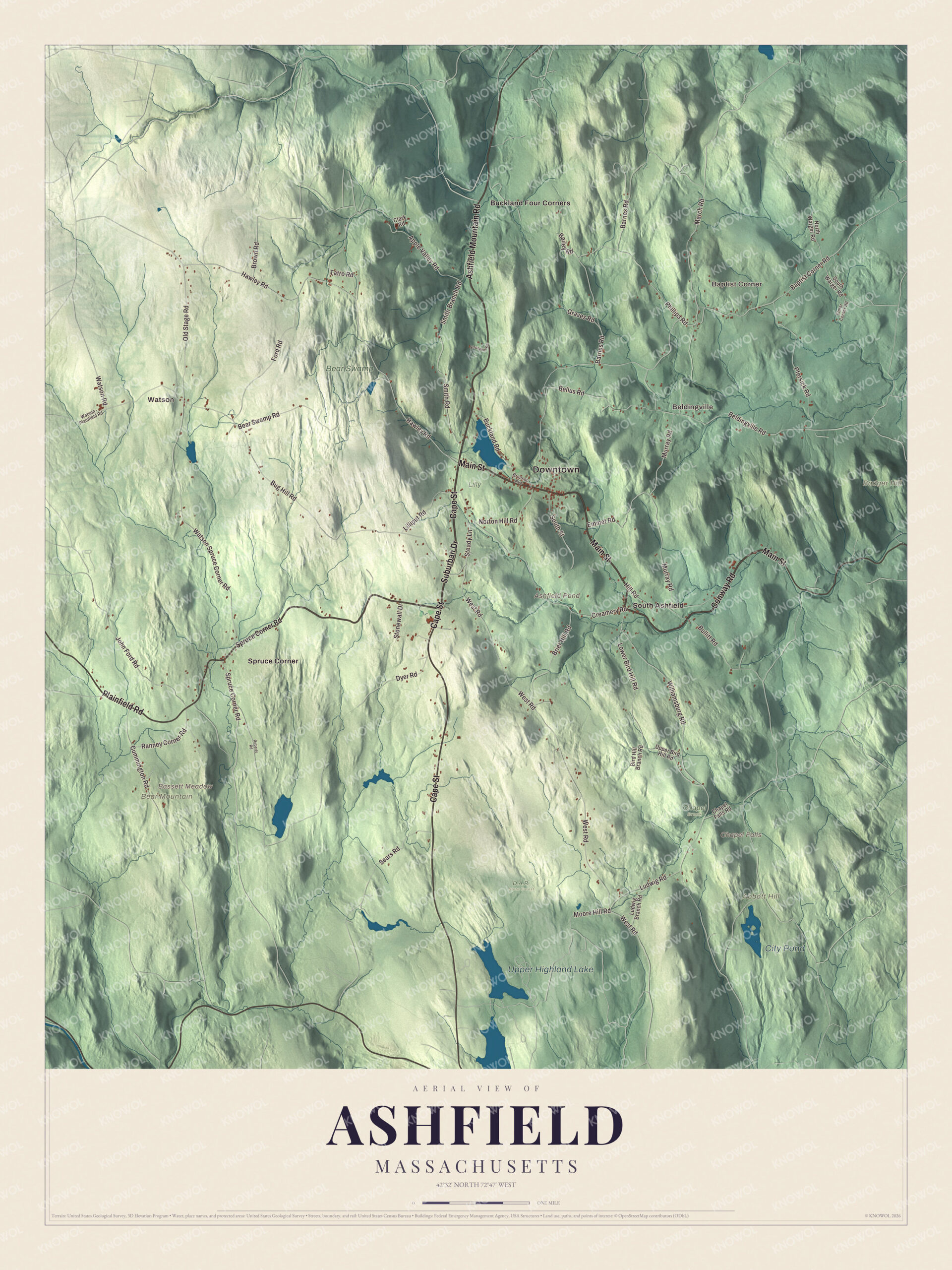 Map of Ashfield, Massachusetts, with Upper Highland Lake, Bear Mountain and Main Street