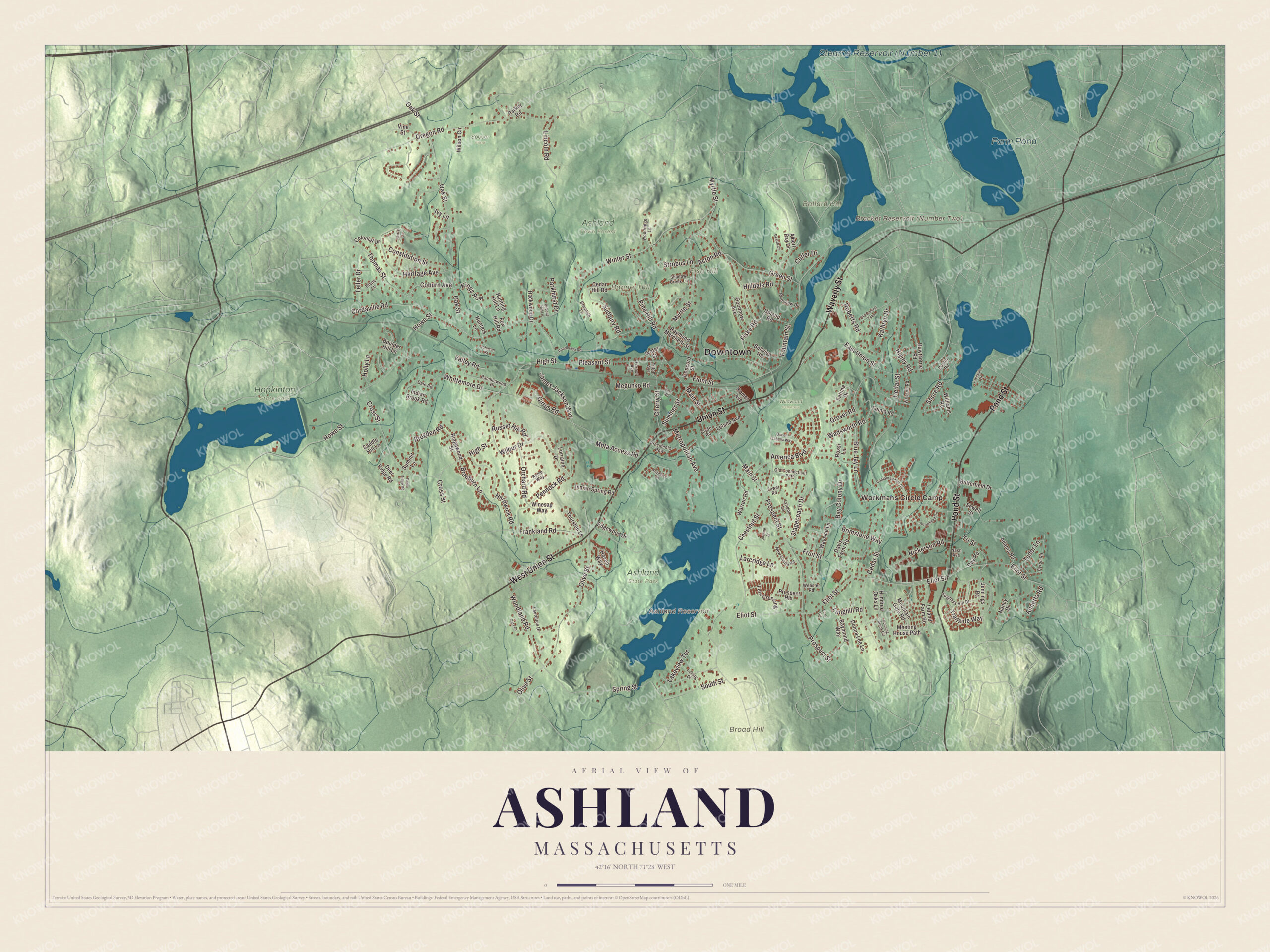 Map of Ashland, Massachusetts, with the Ashland Reservoir, Farm Pond and Waverly Street
