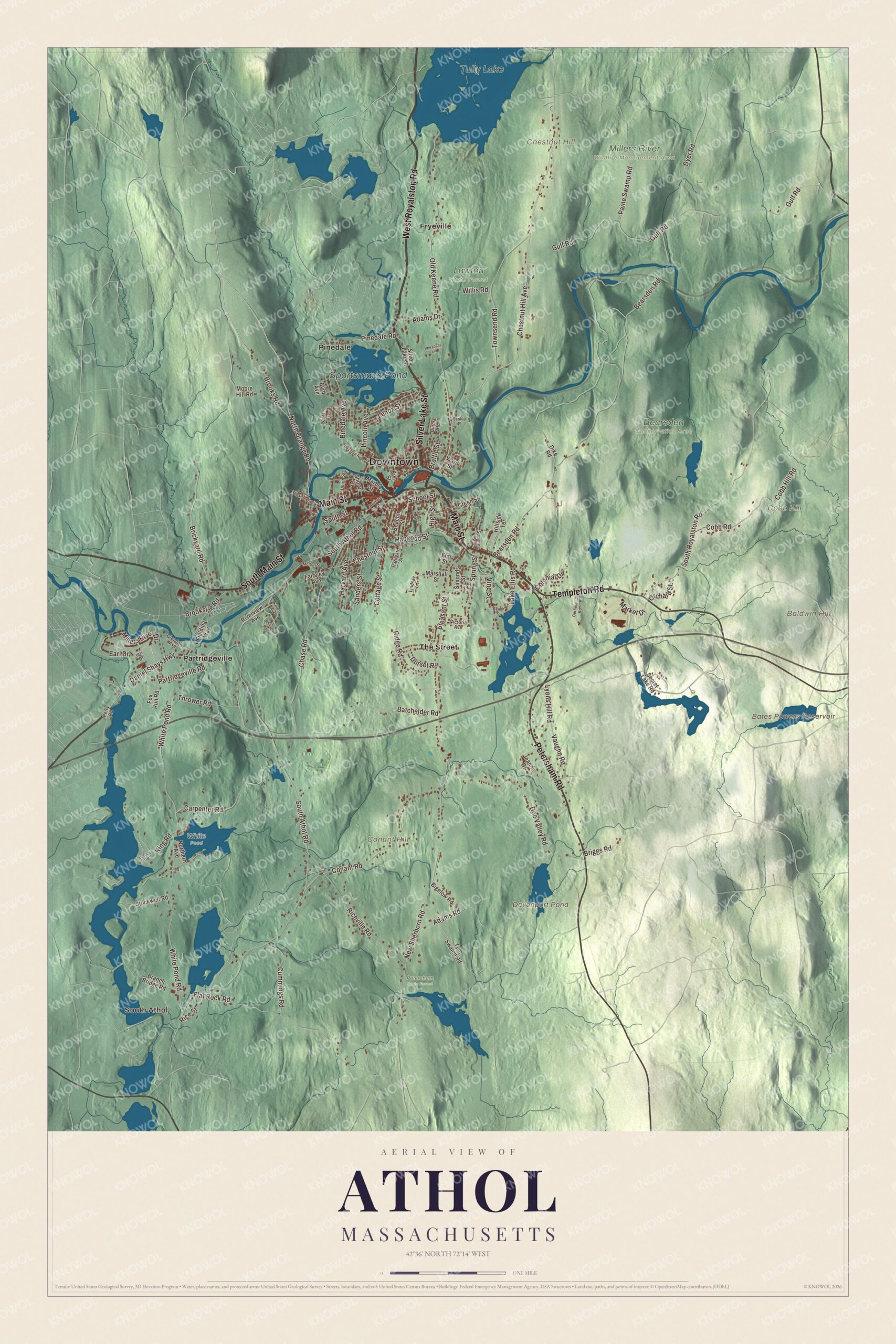Map of Athol, Massachusetts, with Main Street, Silver Lake, Tully Lake and the Bates Powers Reservoir