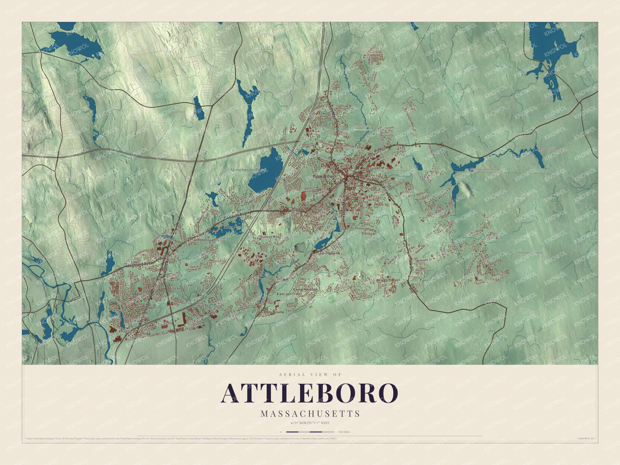 Map of Attleboro, Massachusetts, with Park Street, Washington Street, Manchester Pond and Oak Hill