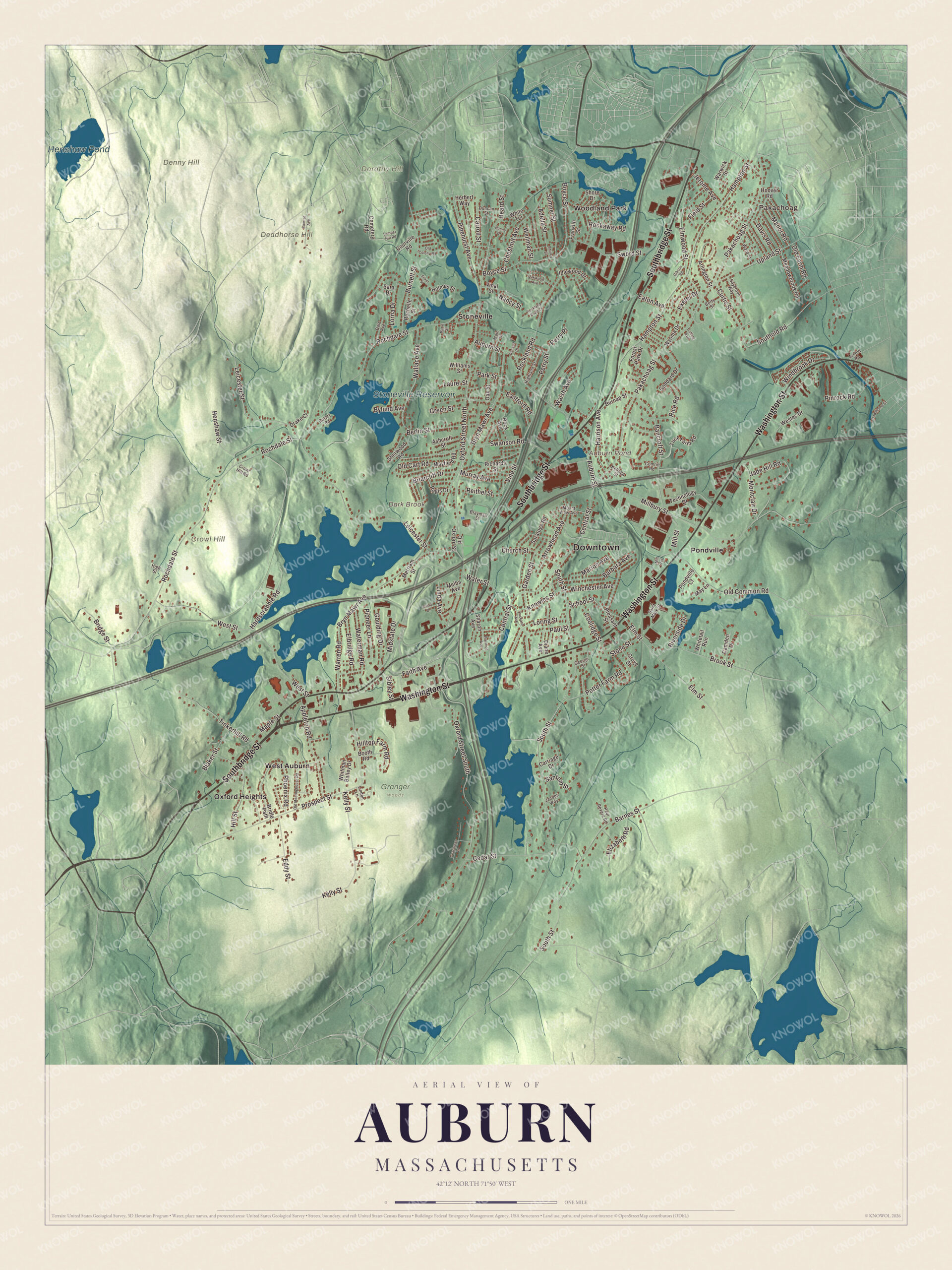 Map of Auburn, Massachusetts, with Southbridge Street, Auburn Pond, Henshaw Pond and Pakachoag